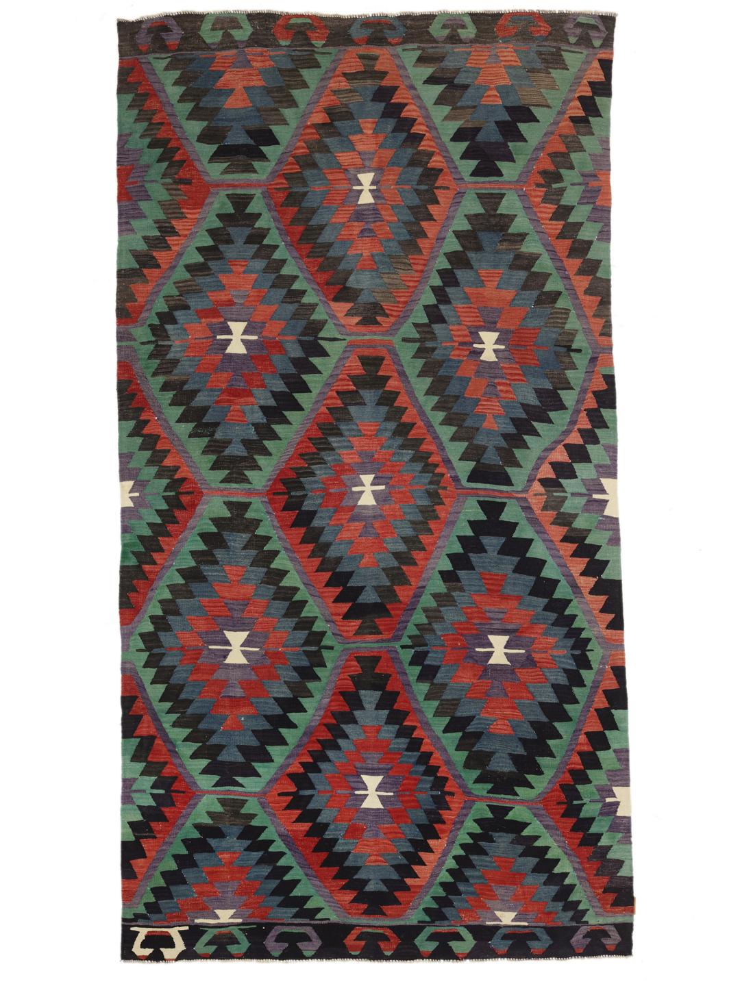 Handgeweven Turks kelimkleed met levendige geometrische ruitpatronen in multicolor