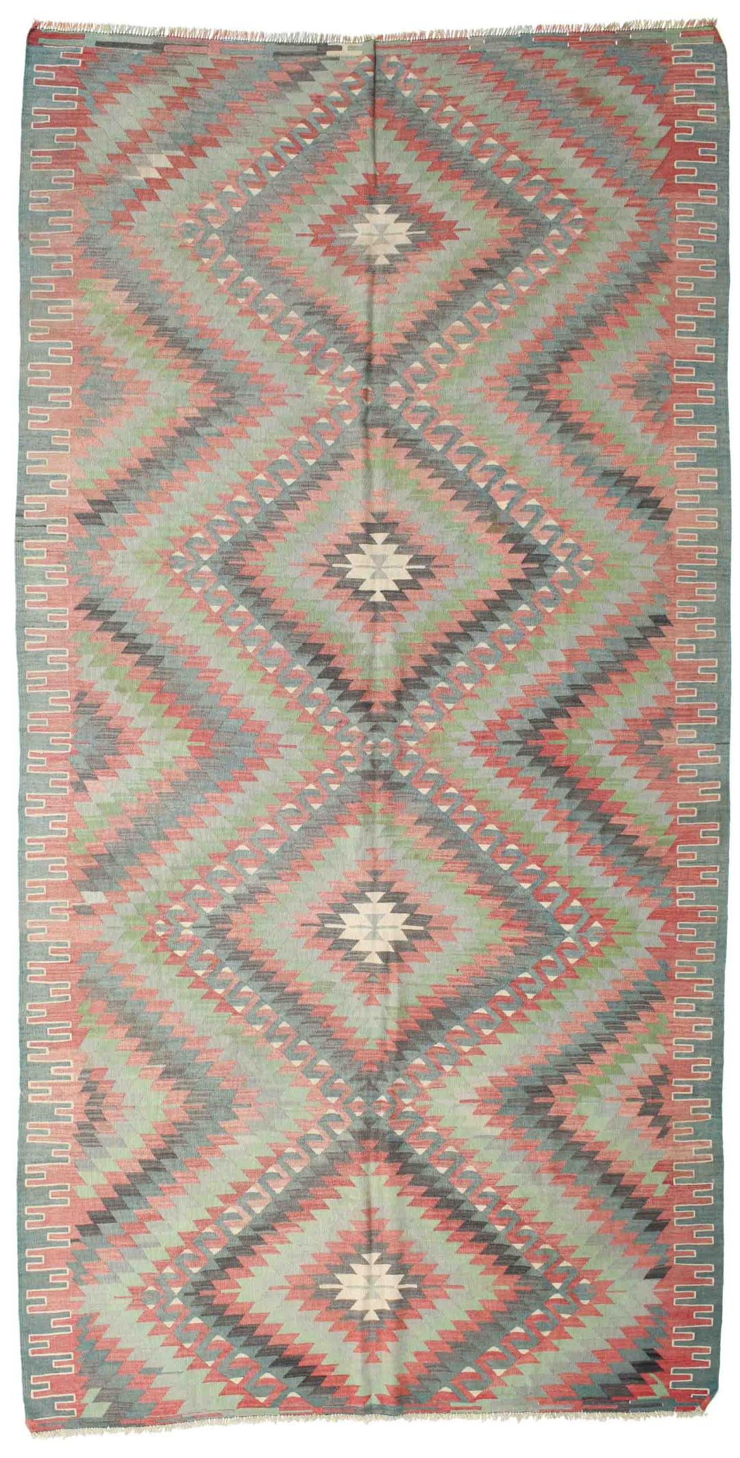 Vintage Turks Kilim tapijt met een geometrisch patroon in veelkleurige tinten