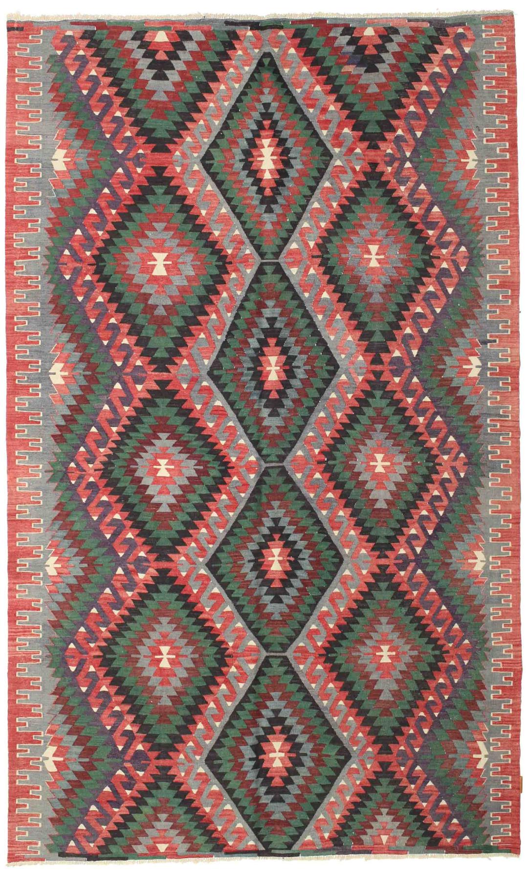 Vintage Turks kelim tapijt met geometrische ruitpatronen in multicolor