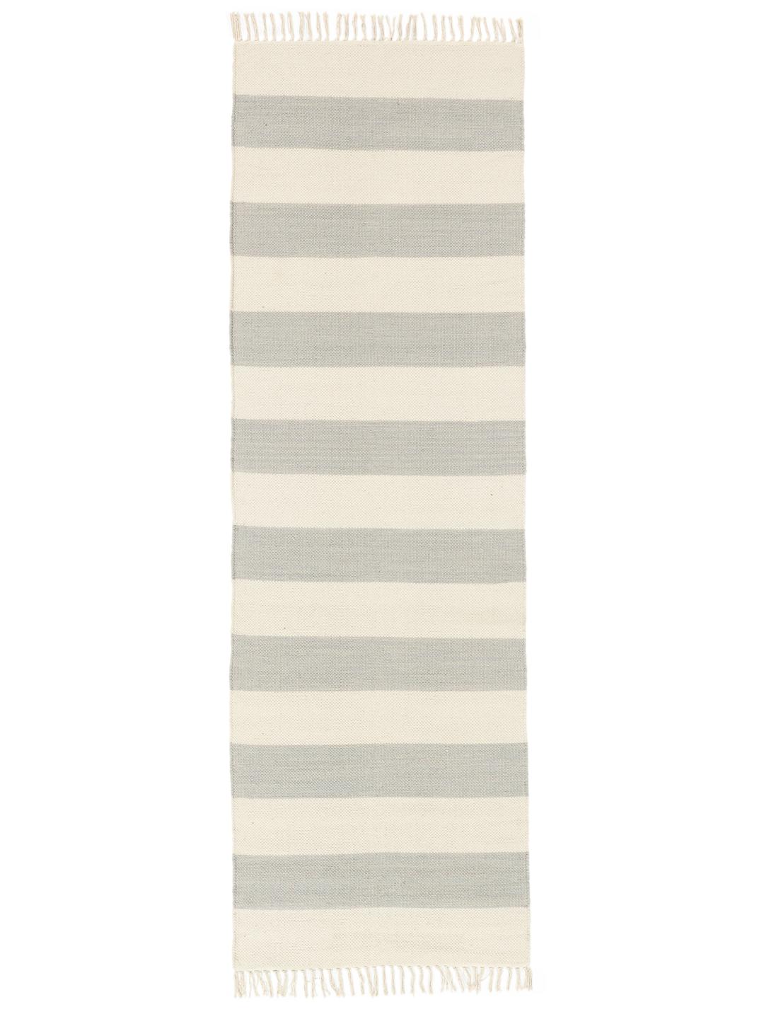 Tapis de couloir en coton tissé à la main avec un motif rayé gris et blanc cassé