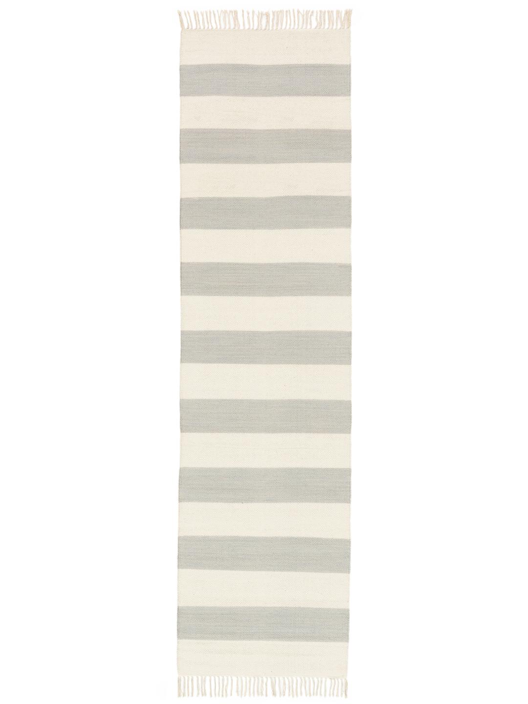 Tapis de couloir en coton tissé à la main avec un motif rayé gris et blanc cassé