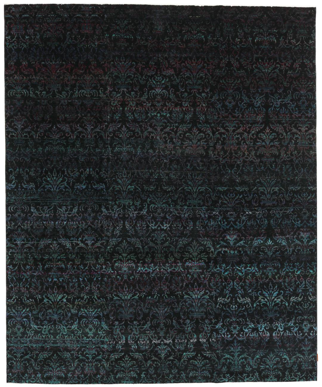 Hand-knotted Indian silk rug with a dark, intricate damask pattern