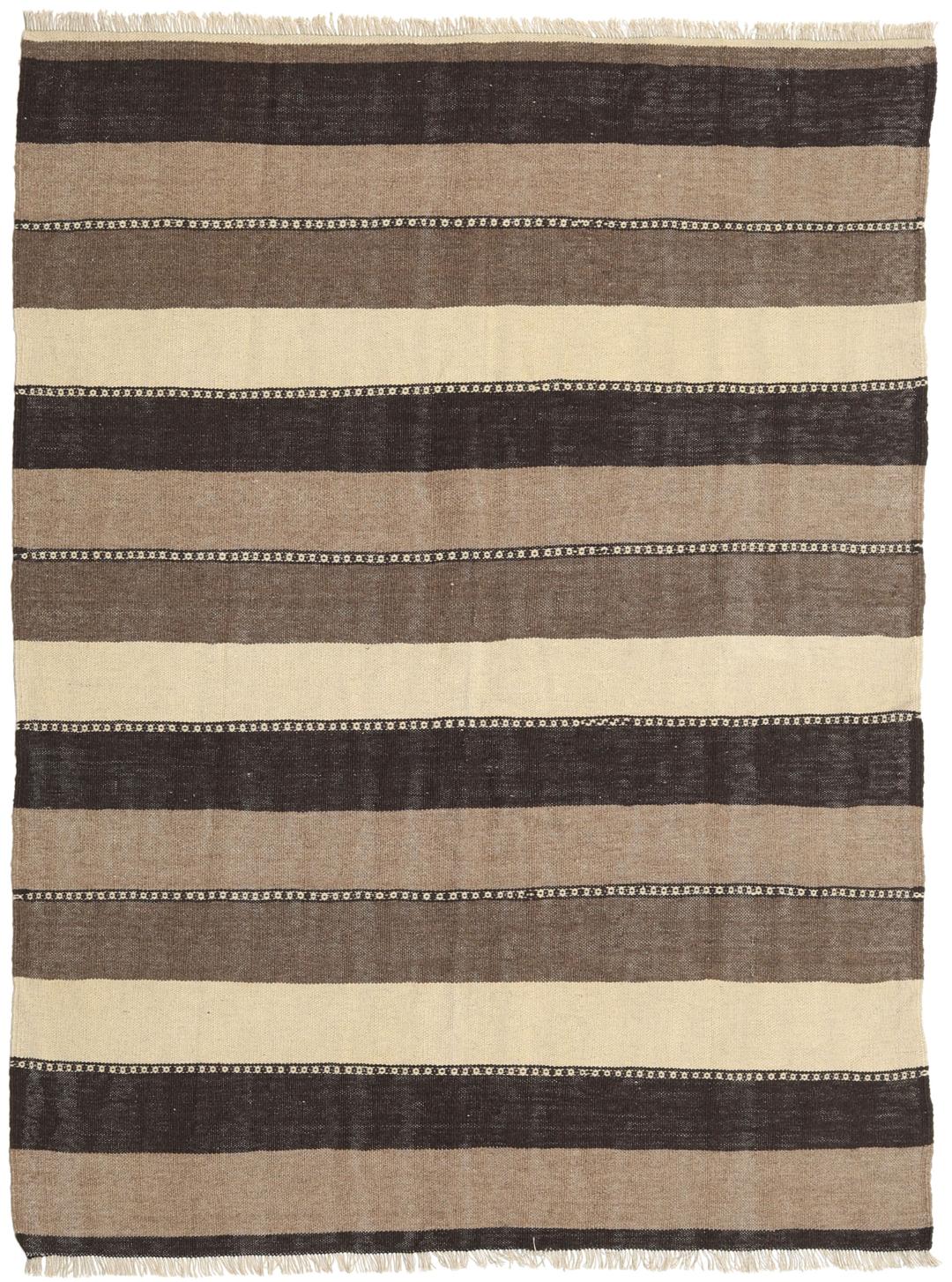 Handgeweven Kilim-tapijt uit het Midden-Oosten met een gestreept patroon in beige en bruine tinten.