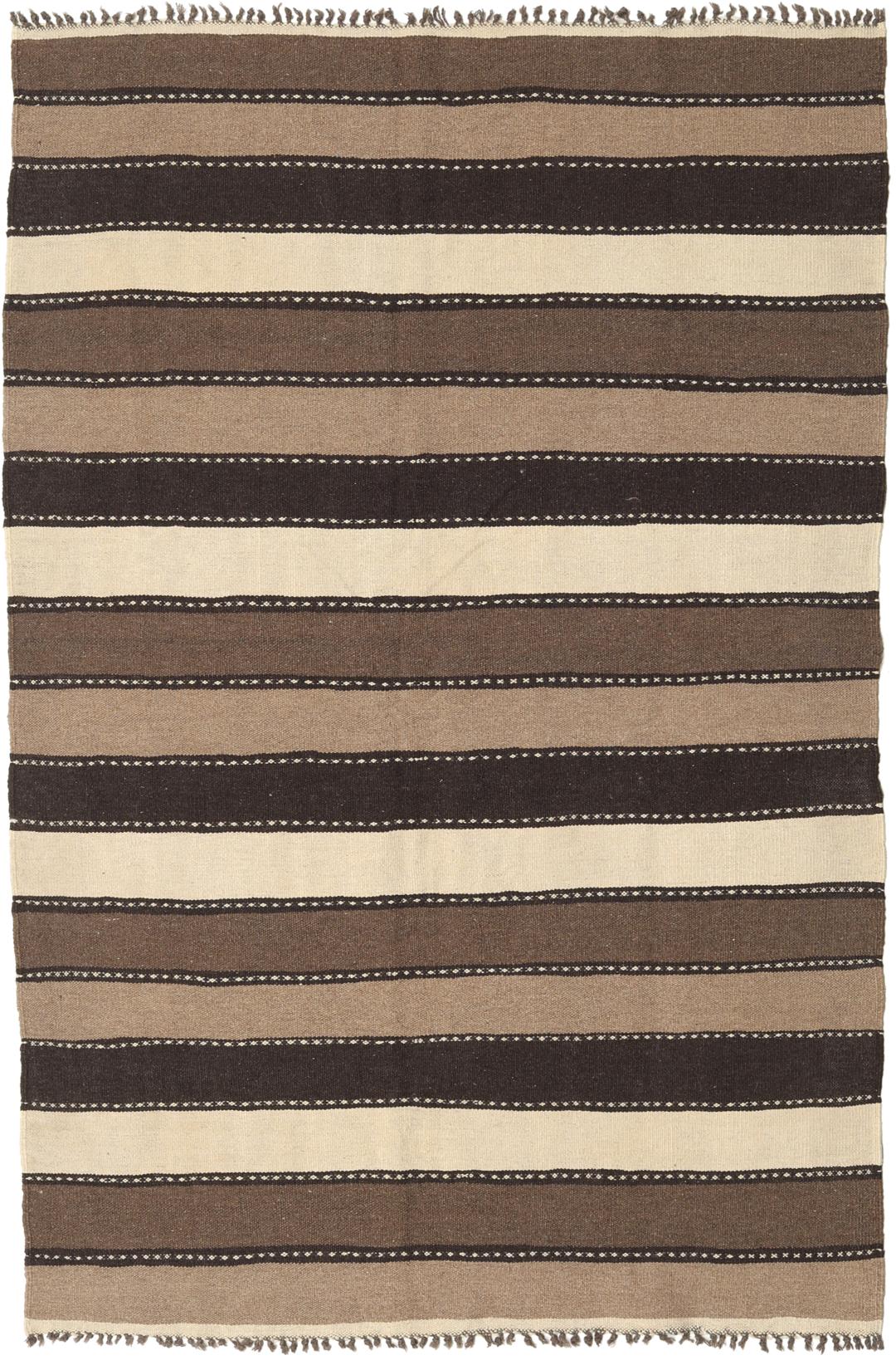 Tappeto Kilim tessuto a mano a righe marroni e beige proveniente dal Medio Oriente