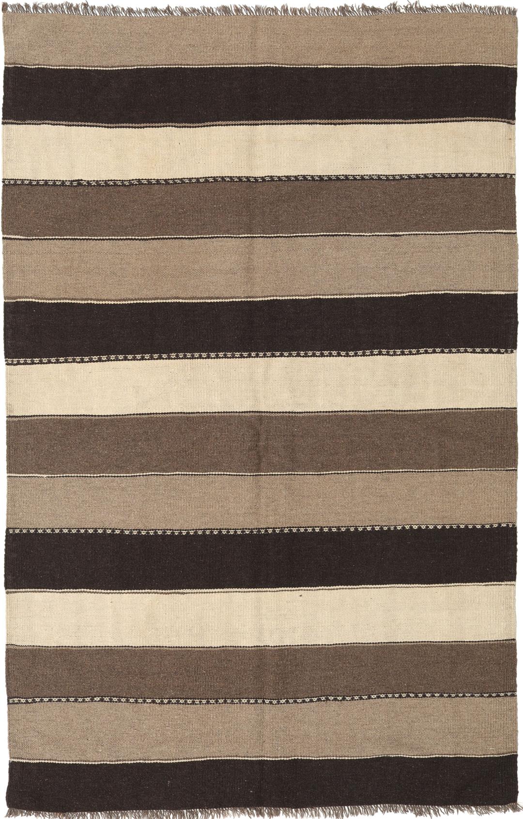 Tappeto Kilim tessuto a mano con righe marroni e beige proveniente dal Medio Oriente