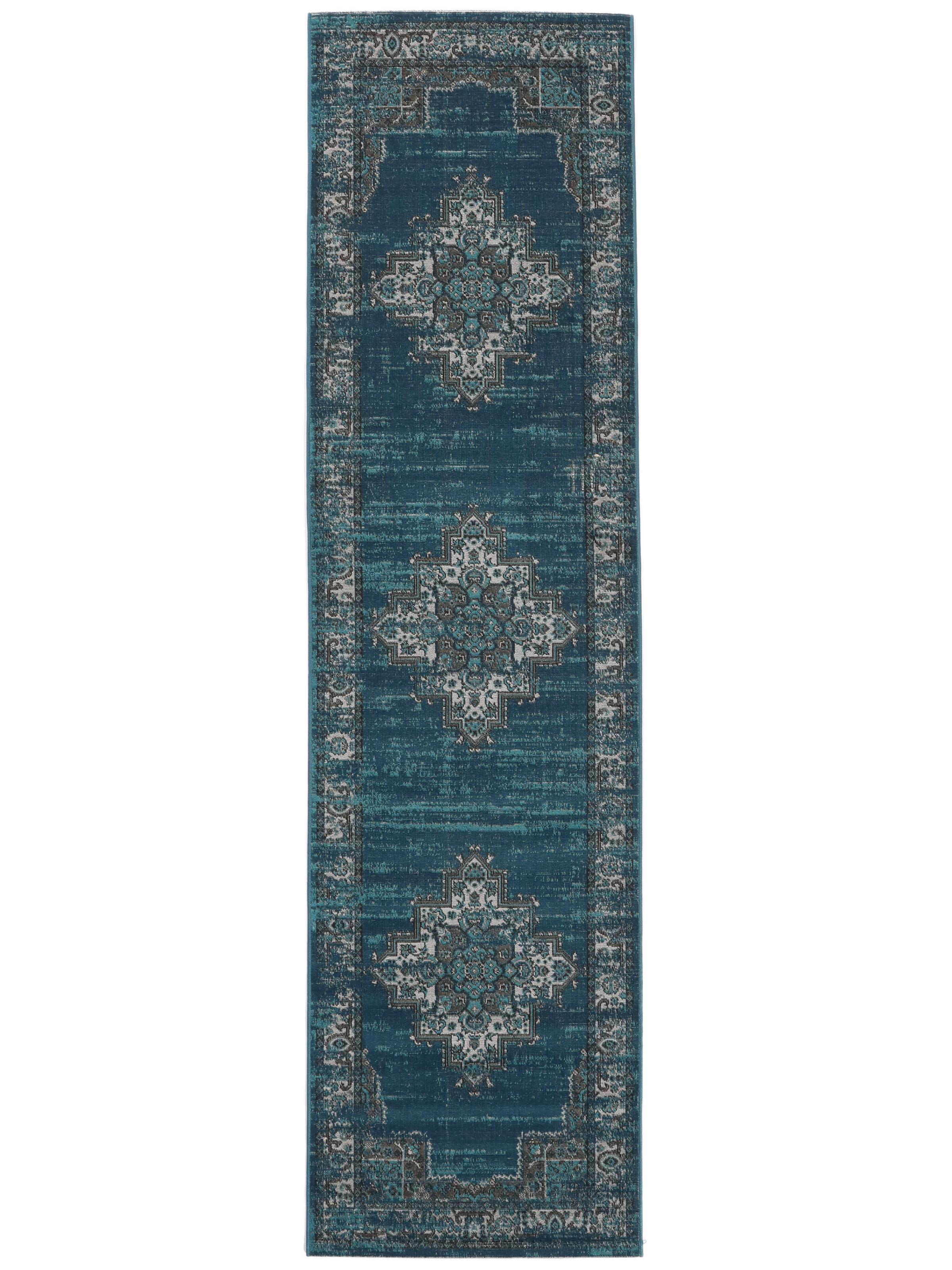 RugVista Vintage Vega, Tapis, Vintage, 80 x 300 cm, Rectangulaire, Poil Ras, Salle de séjour, à Manger, Chambre, Cuisine, Couloir, Nettoyage Sec Seulement, Oeko_tex_100, Foncé Bleu/Turquoise