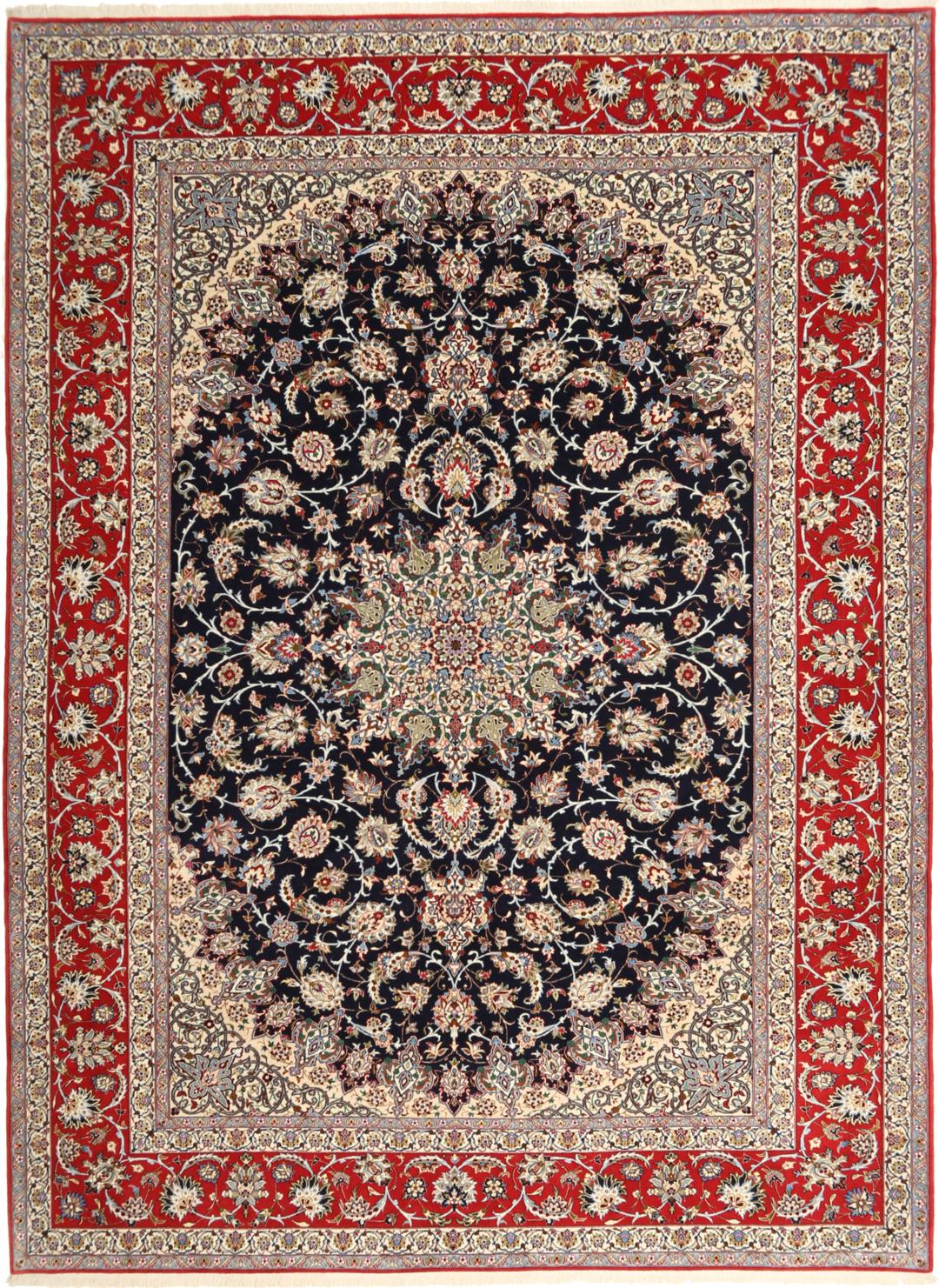 Handgeknoopt Isfahan vloerkleed uit het Midden-Oosten in donkerblauw en rood