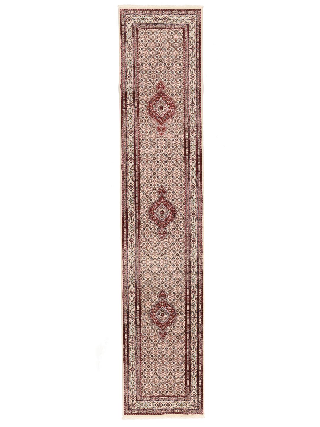Hand-knotted Moud runner rug in beige and red from the Middle East