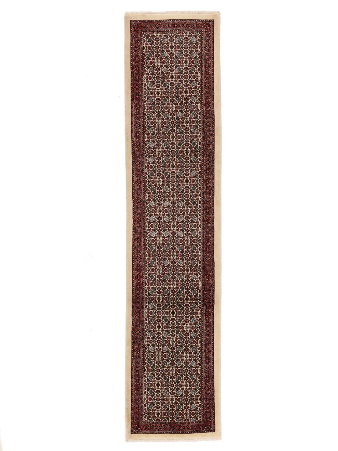 Handgeknoopte Bidjar loper met ingewikkelde bloemmotieven in rode en beige tinten