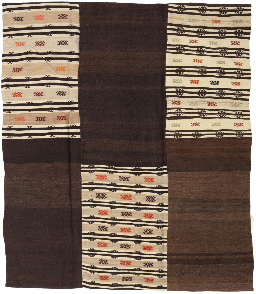Tapis patchwork turc tissé à la main dans des tons marron et crème