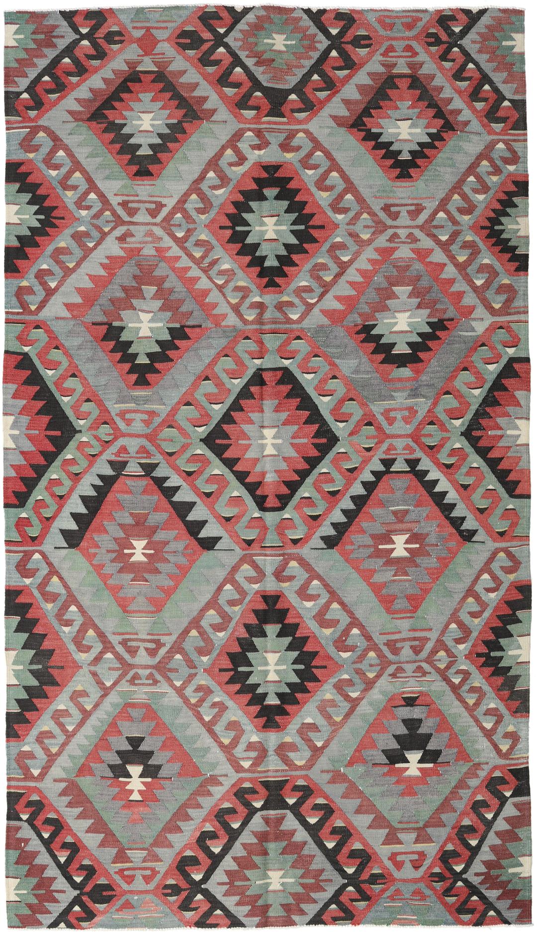 Handgeweven Turks Kilim-kleed met geometrische ruitpatronen in veelkleurige wol.