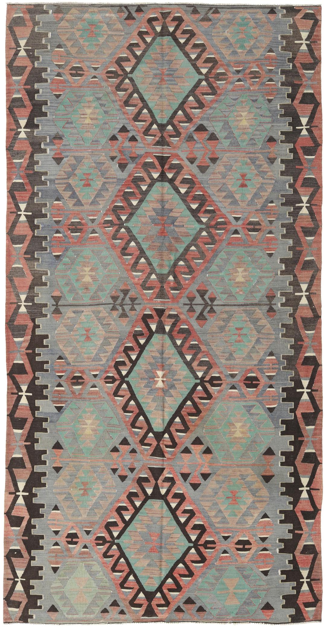 Ręcznie tkany turecki dywan typu kilim vintage o geometrycznych wzorach z wielokolorowej wełny