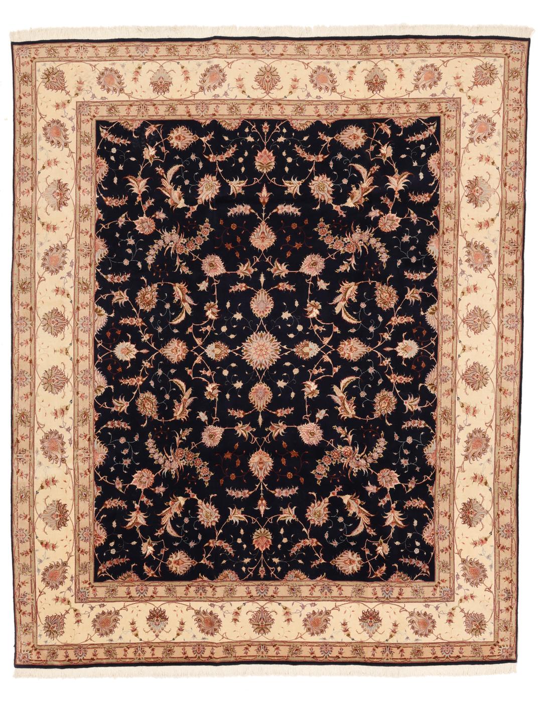 Hand-knotted Tabriz rug with a black field and floral patterns from the Middle East