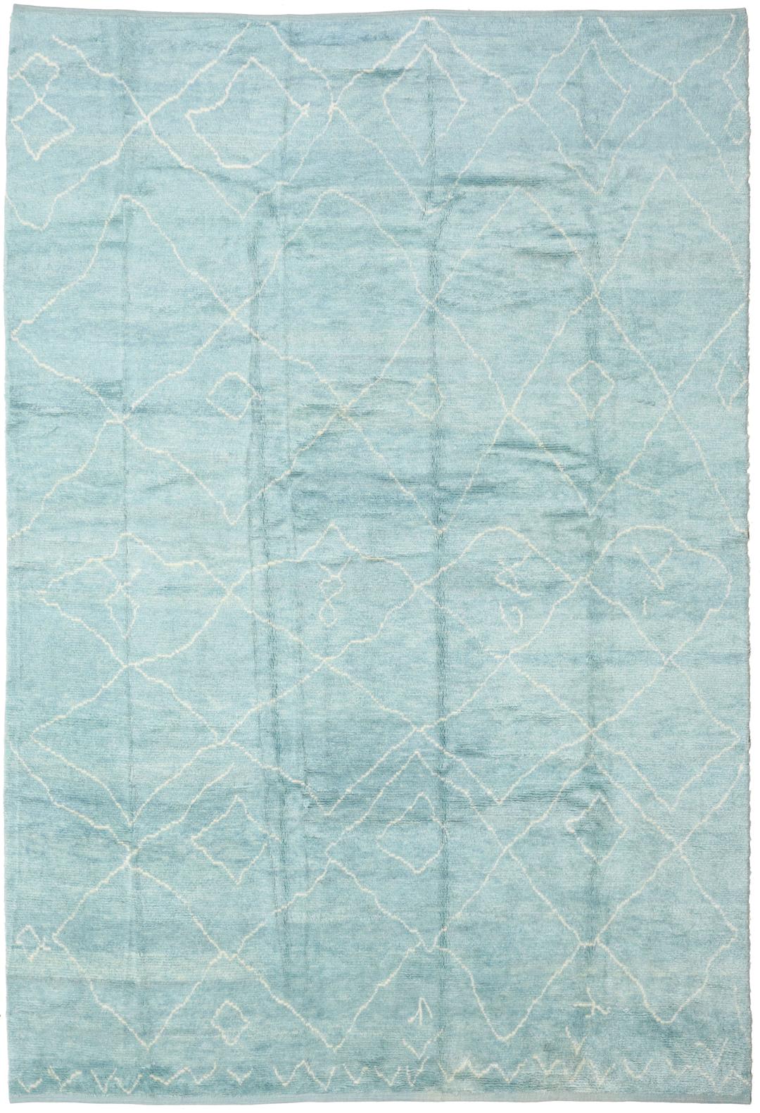 Tapis d'inspiration berbère noué main venant de Turquie dans une couleur bleu clair sereine