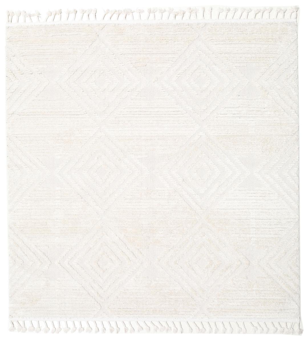 Cream white rug with diamond relief pattern and fringe detail