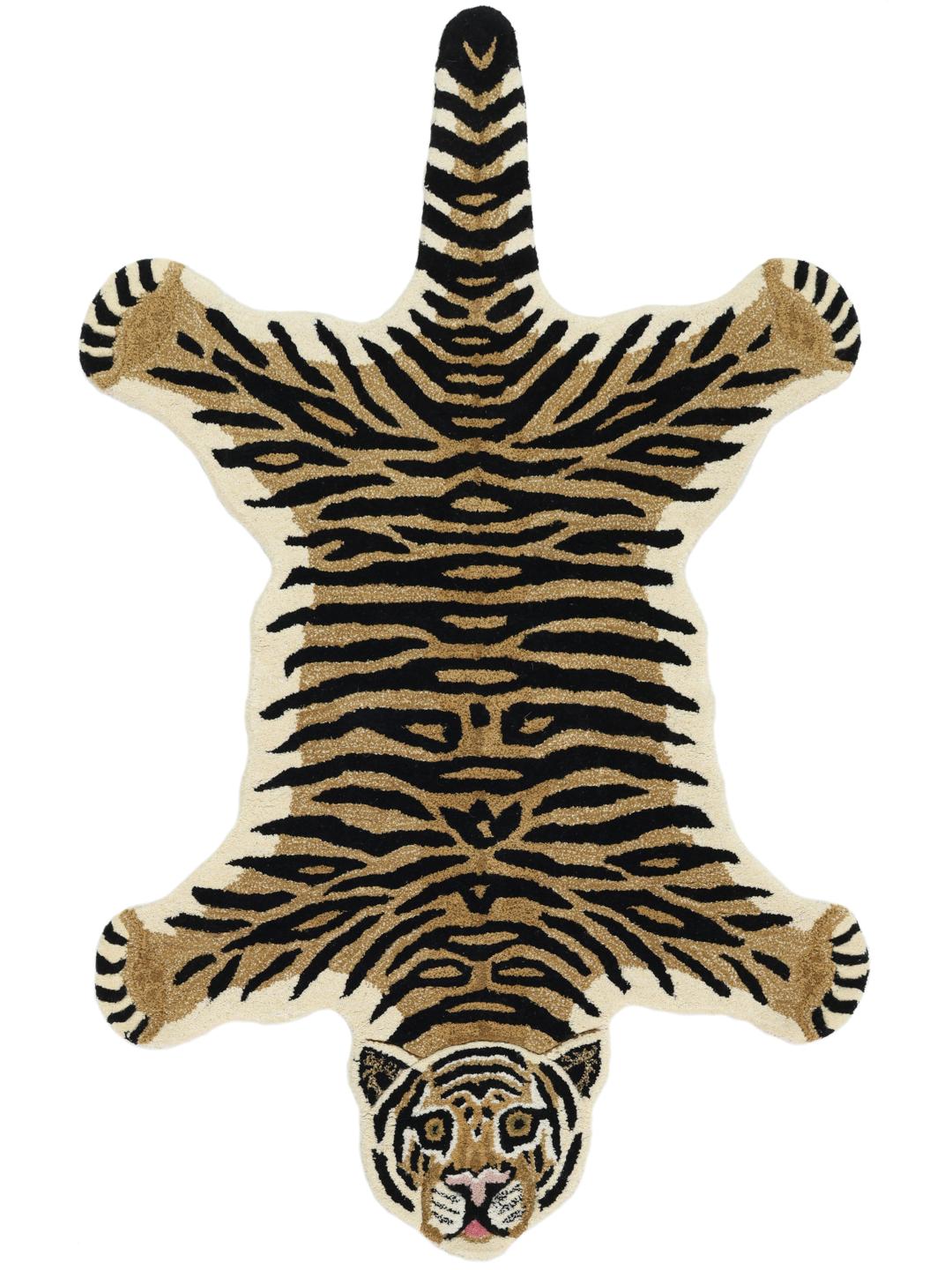 Beige tæppe i en uregelmæssig tigerform med sorte striber