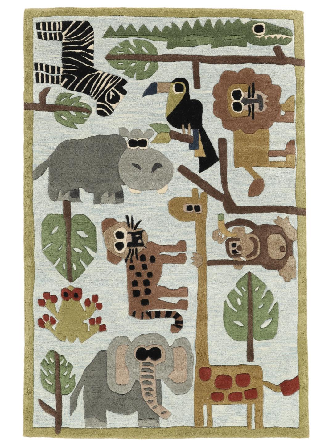 Tapis pour enfants bleu clair orné d'animaux de la jungle amicaux