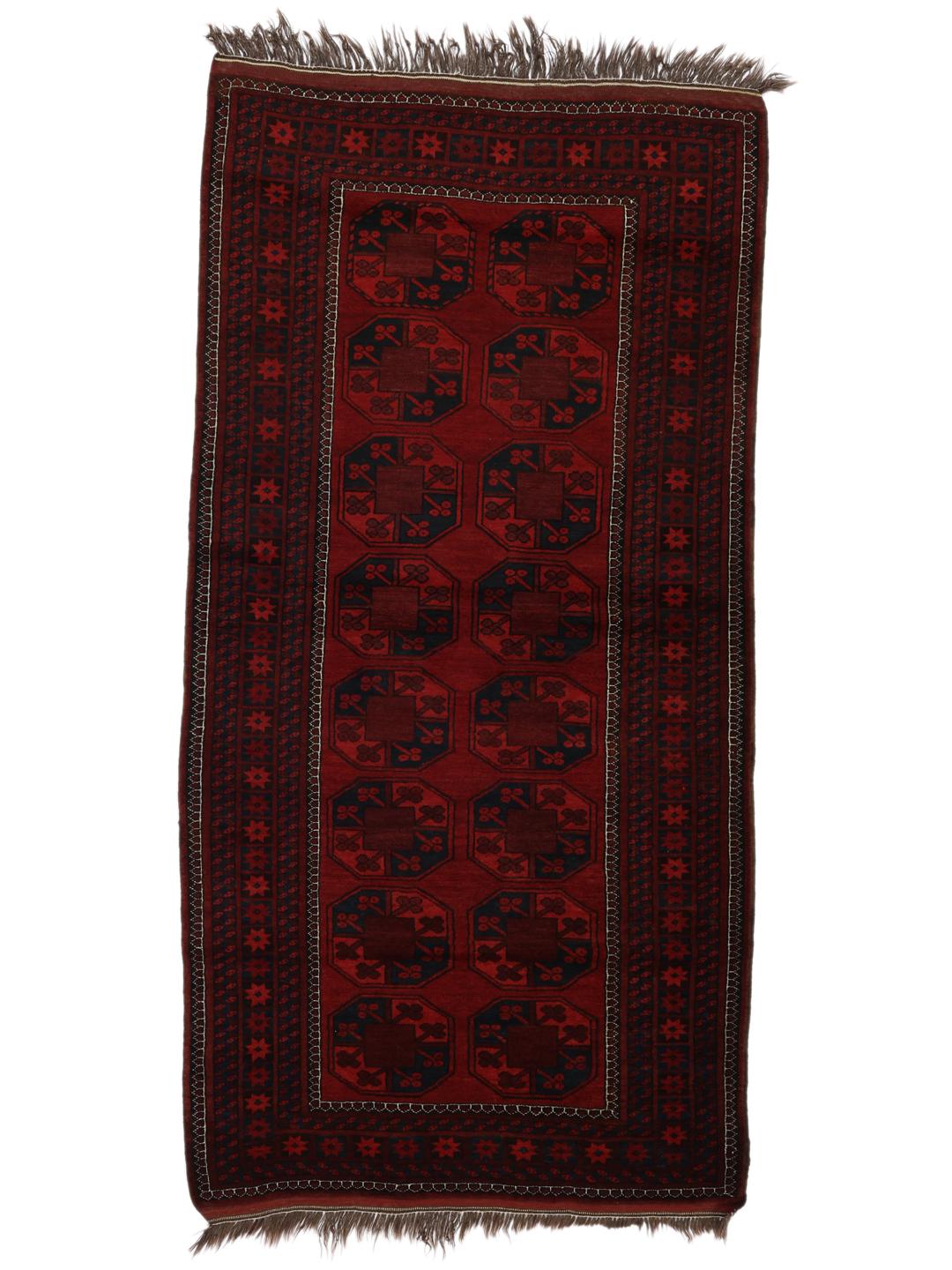Tapis Afghan Khal Mohammadi noué à la main en rouge profond avec des médaillons géométriques