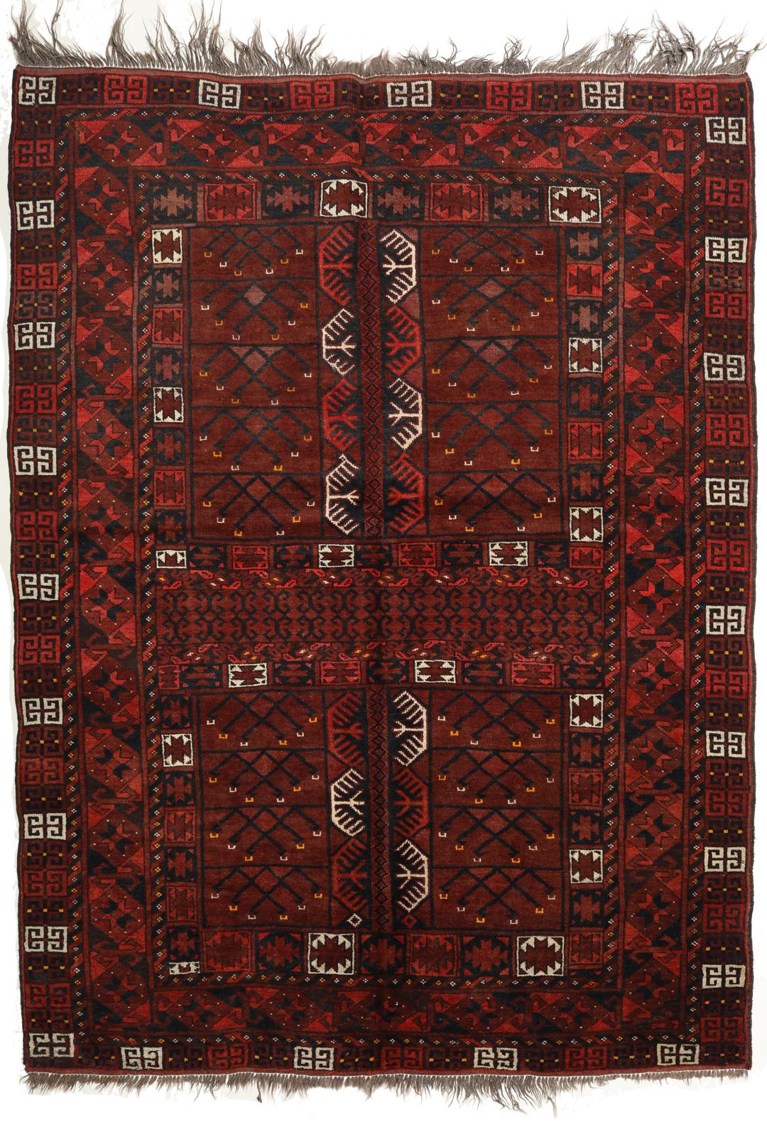 Tapis Afghan Khal Mohammadi noué à la main avec un motif géométrique rouge foncé et noir