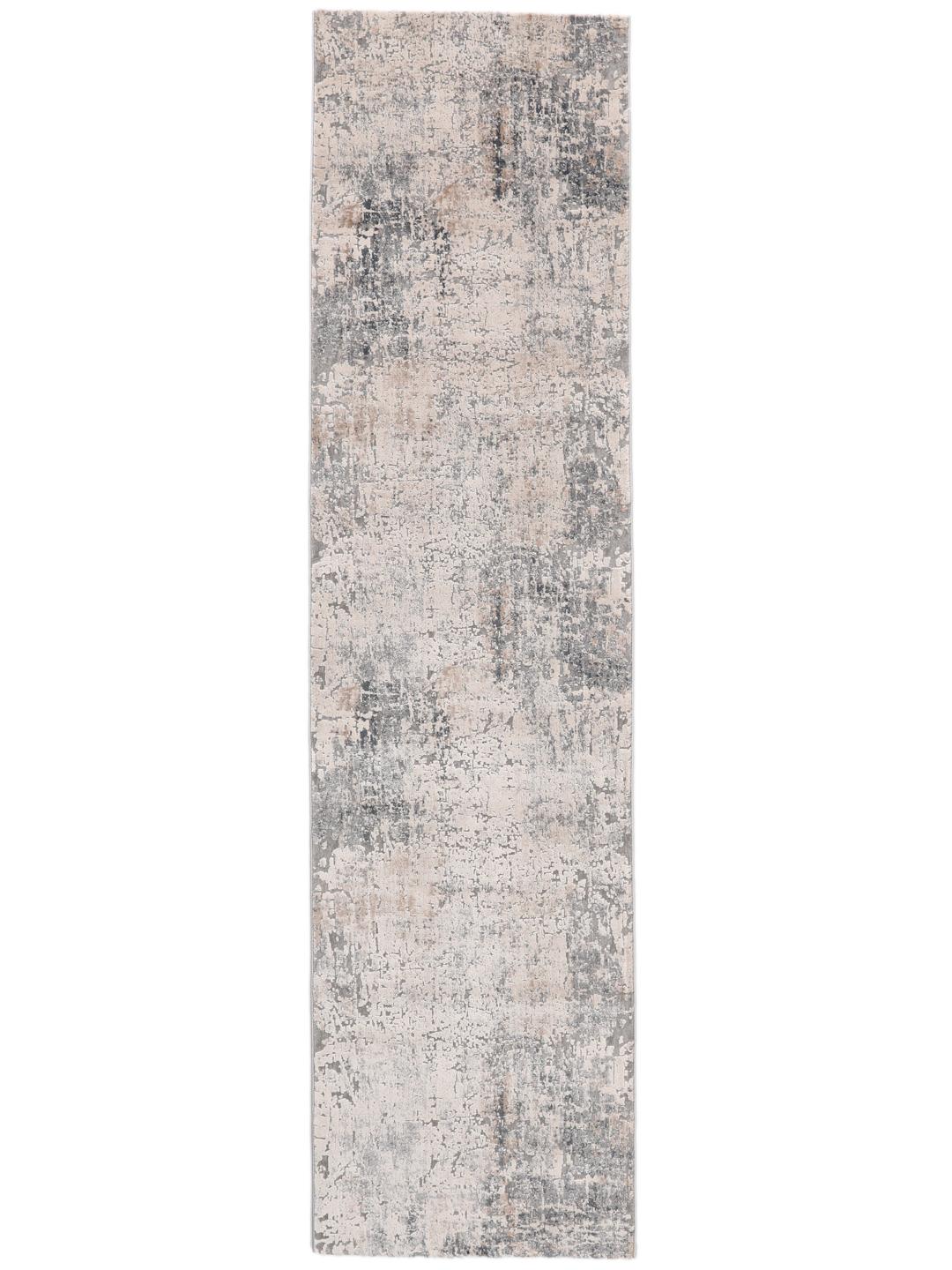 Een lange loper met een getextureerd, abstract patroon in grijze en beige tinten.