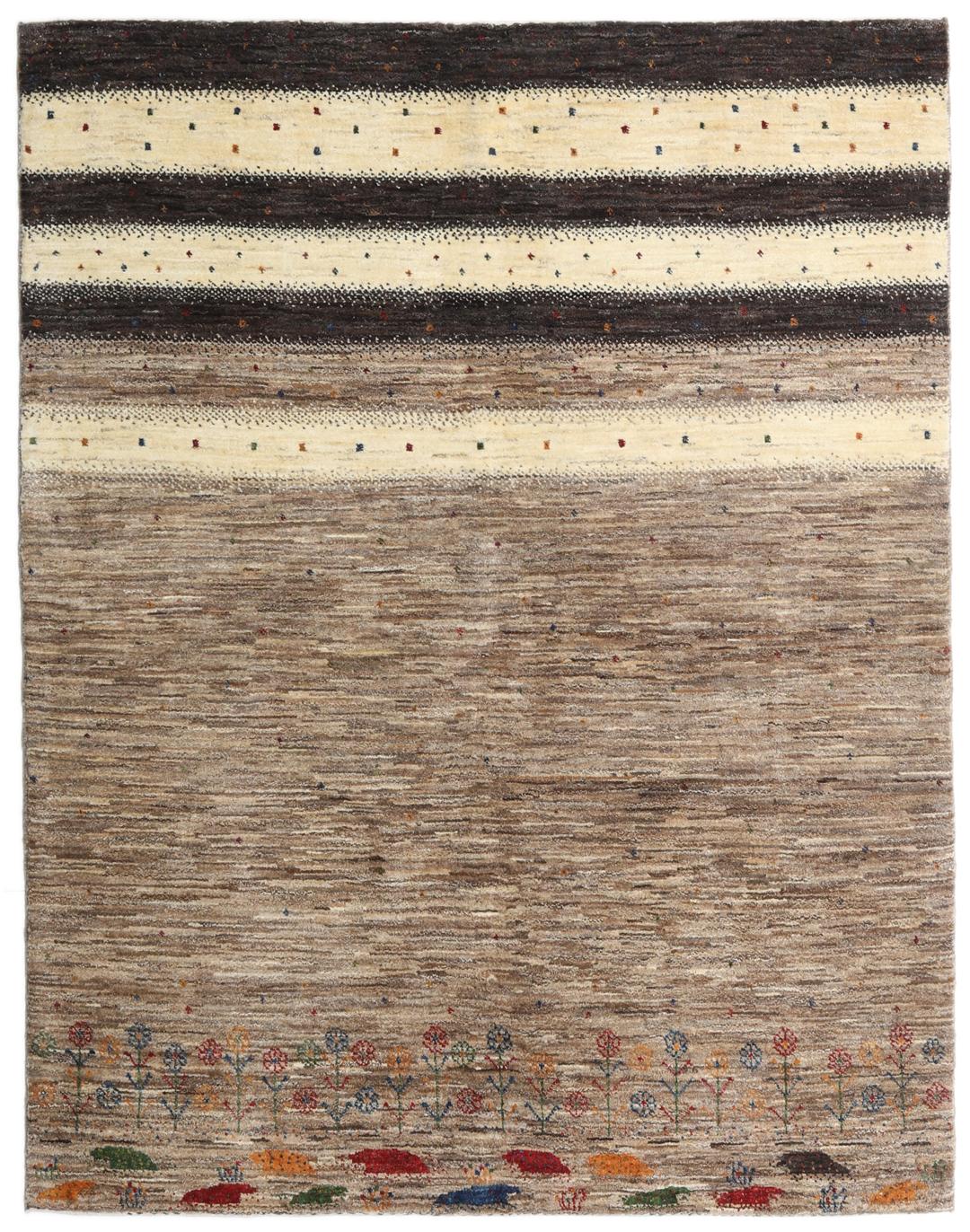 Handgeknoopt Gabbeh Fine vloerkleed met bloemmotieven en bruine strepen uit het Midden-Oosten