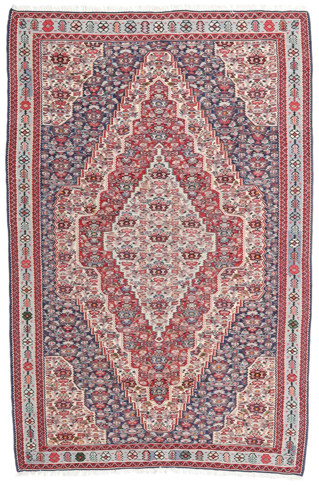Handgeweven Kelim Senneh Fine tapijt met een centraal medaillon in rood en blauw