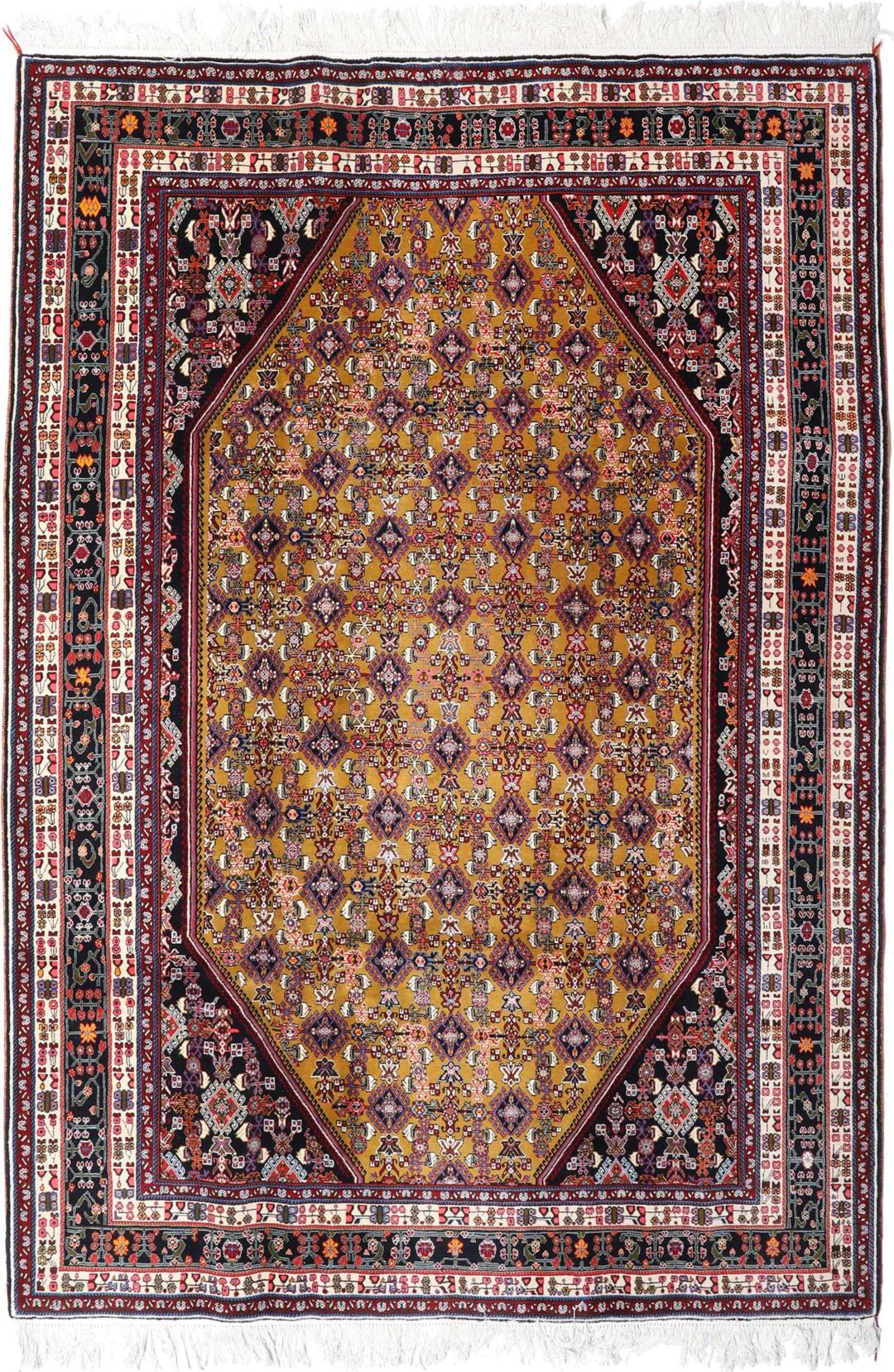 Tapis Gabbeh Kashkooli noué à la main avec des motifs géométriques dorés et noirs provenant du Moyen-Orient