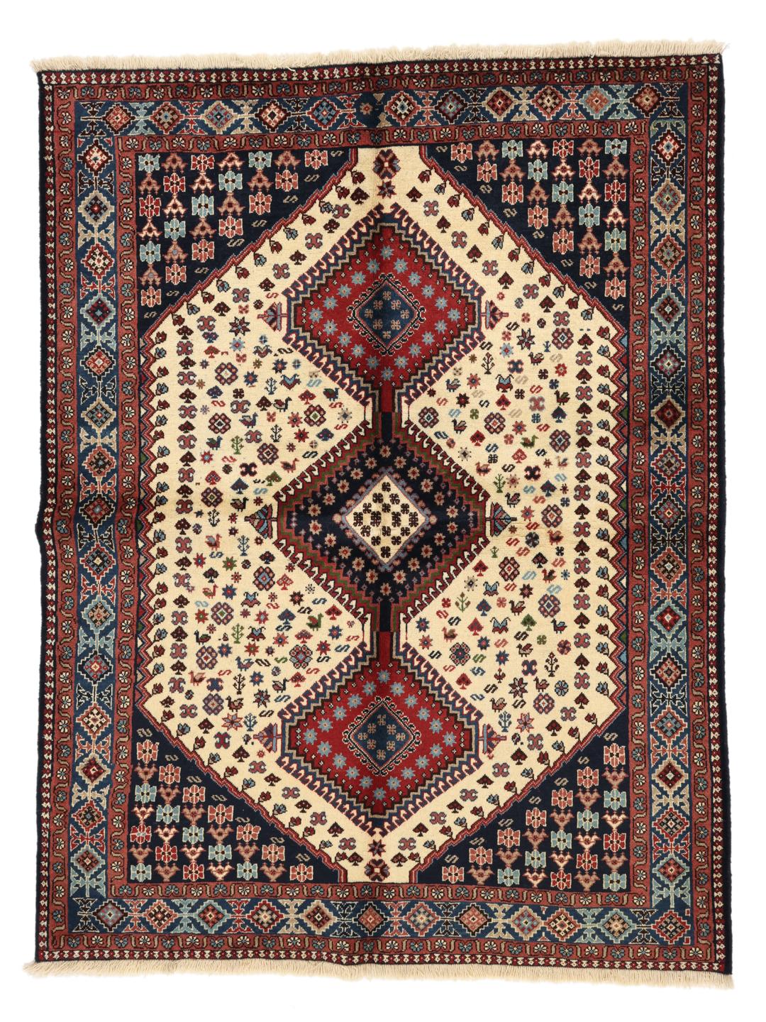 Handgeknoopt Yalameh-tapijt uit het Midden-Oosten met een meerkleurig geometrisch patroon