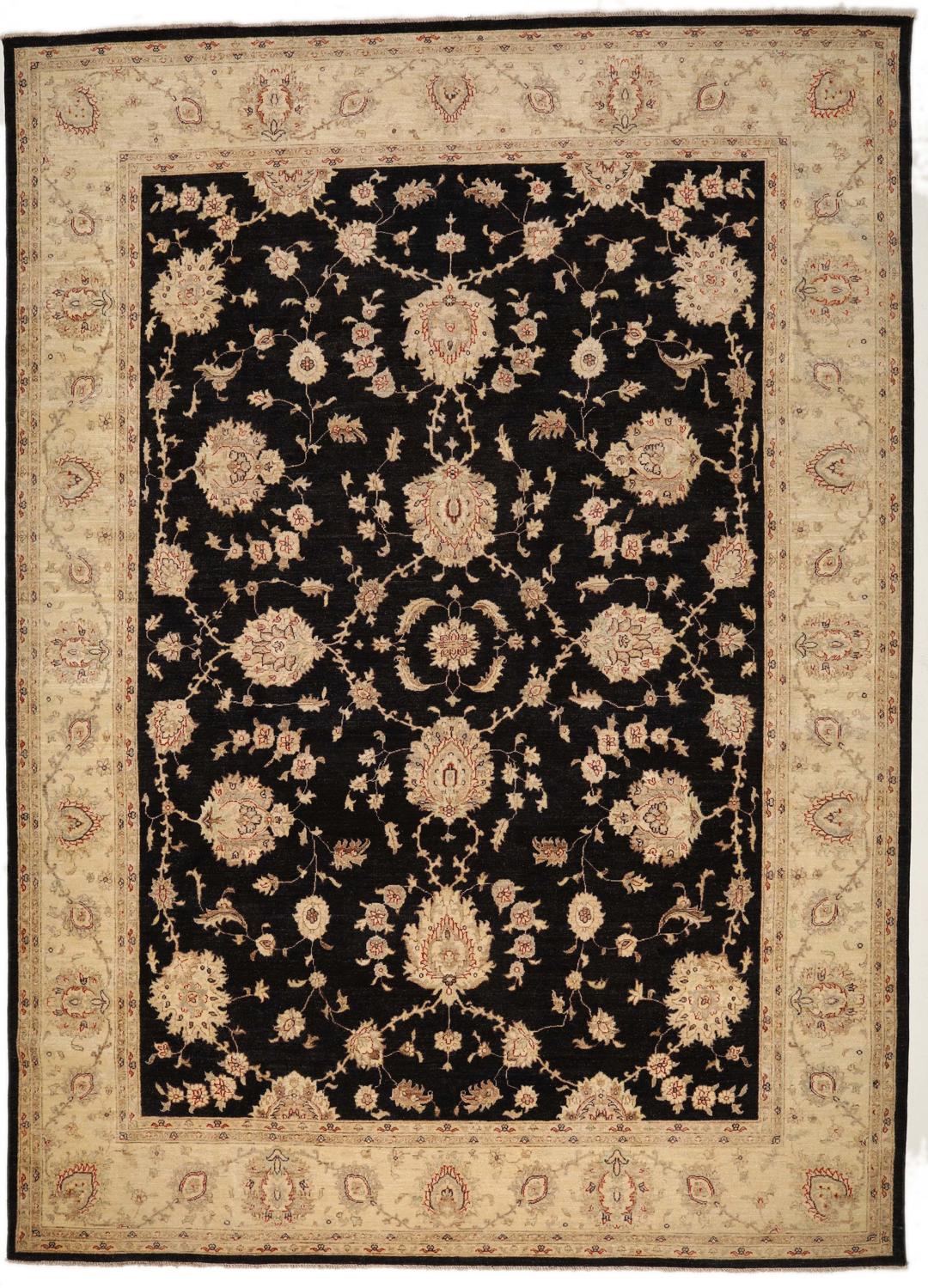 Hand-knotted Ziegler Fine rug from Pakistan with a black field and floral motifs