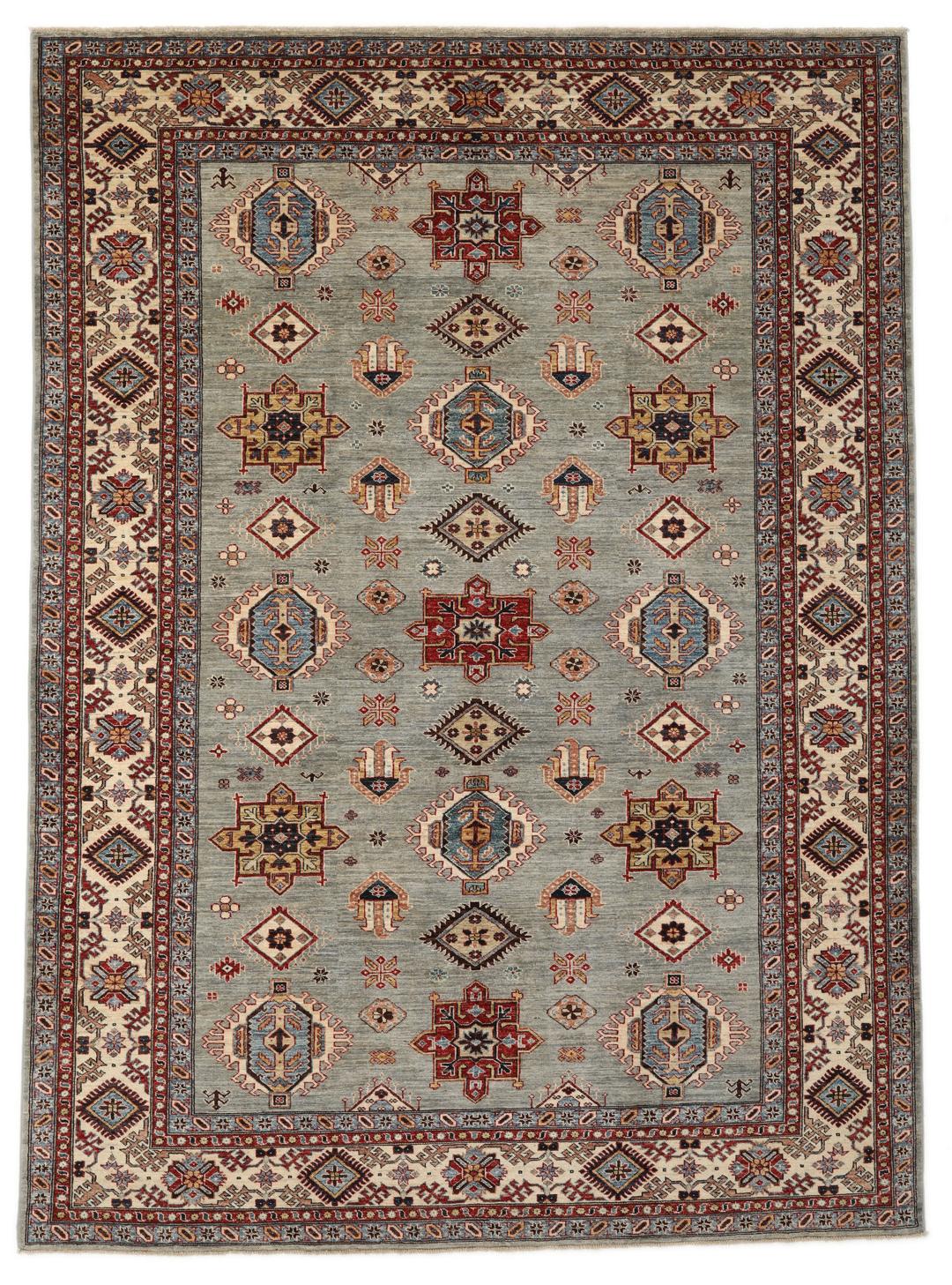 Handgeknoopt Kazak tapijt uit Afghanistan met een blauw en veelkleurig geometrisch patroon