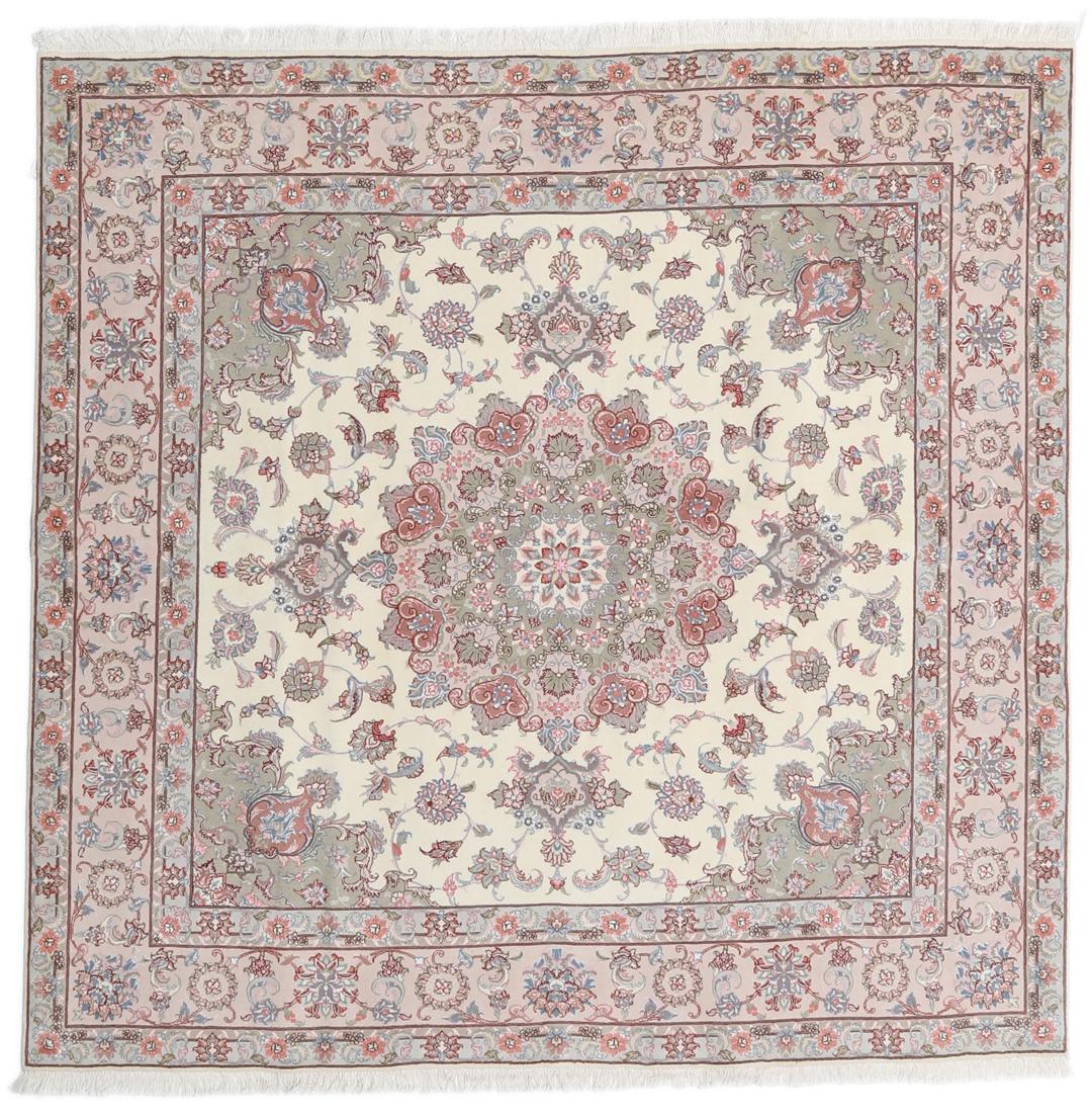 Handgeknoopt vierkant Tabriz-tapijt met bloemenmedaillon in multicolor