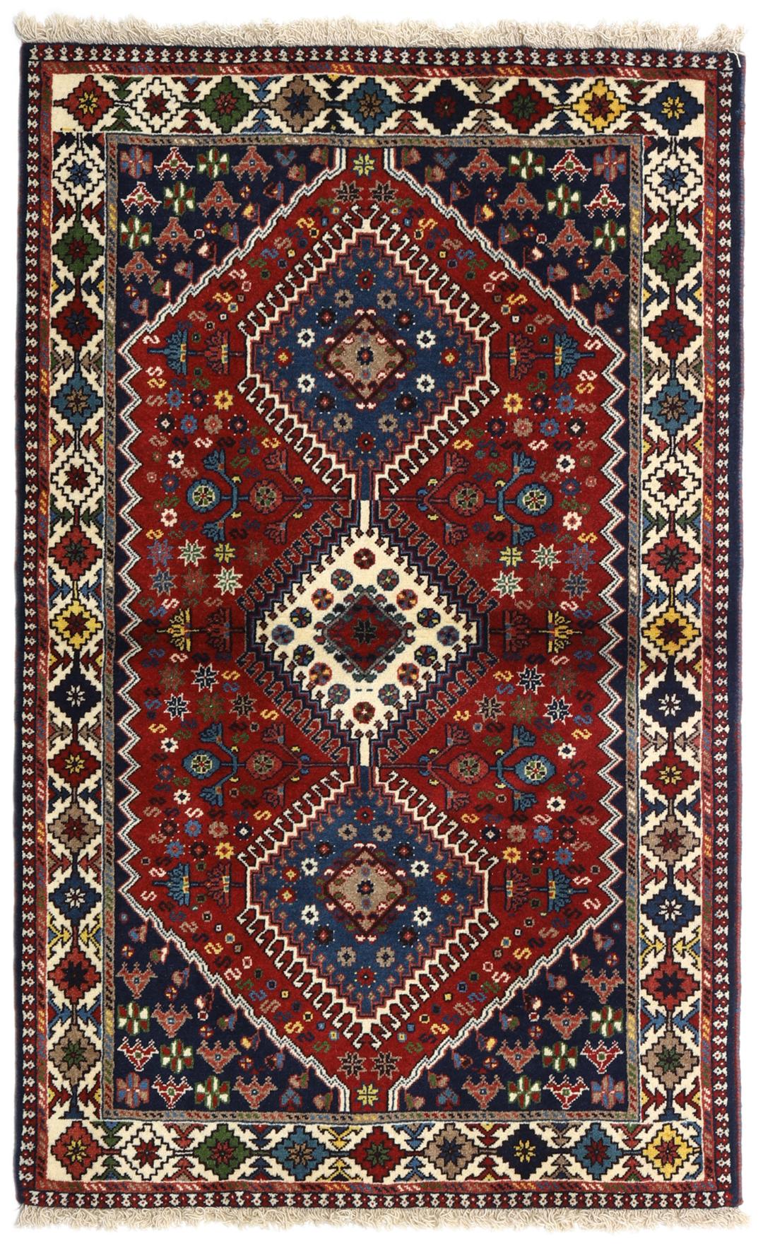 Handgeknoopt Yalameh-tapijt met geometrische patronen in meerkleurig design uit het Midden-Oosten