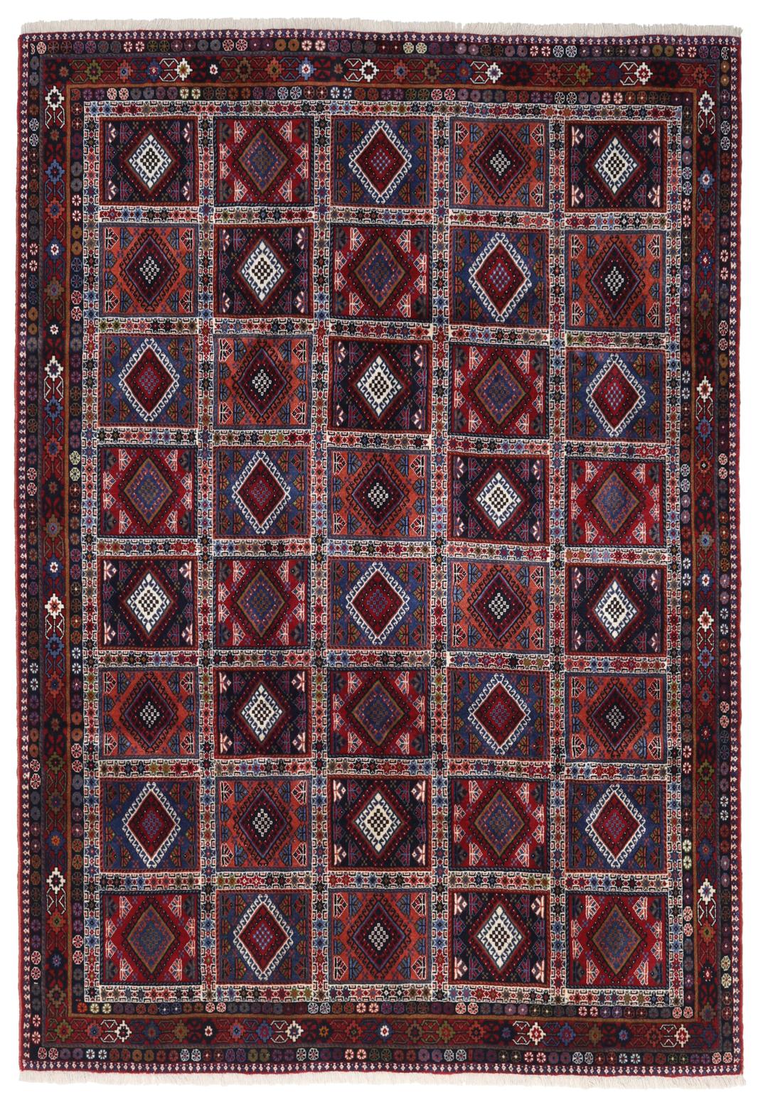 Håndknyttet Yalameh-tæppe fra Mellemøsten i dybe røde og blå toner