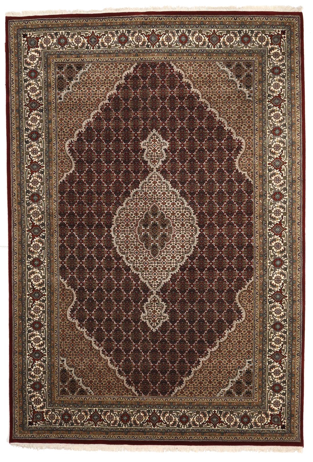 Handgeknoopt Tabriz-tapijt uit India in dieprode en beige tinten