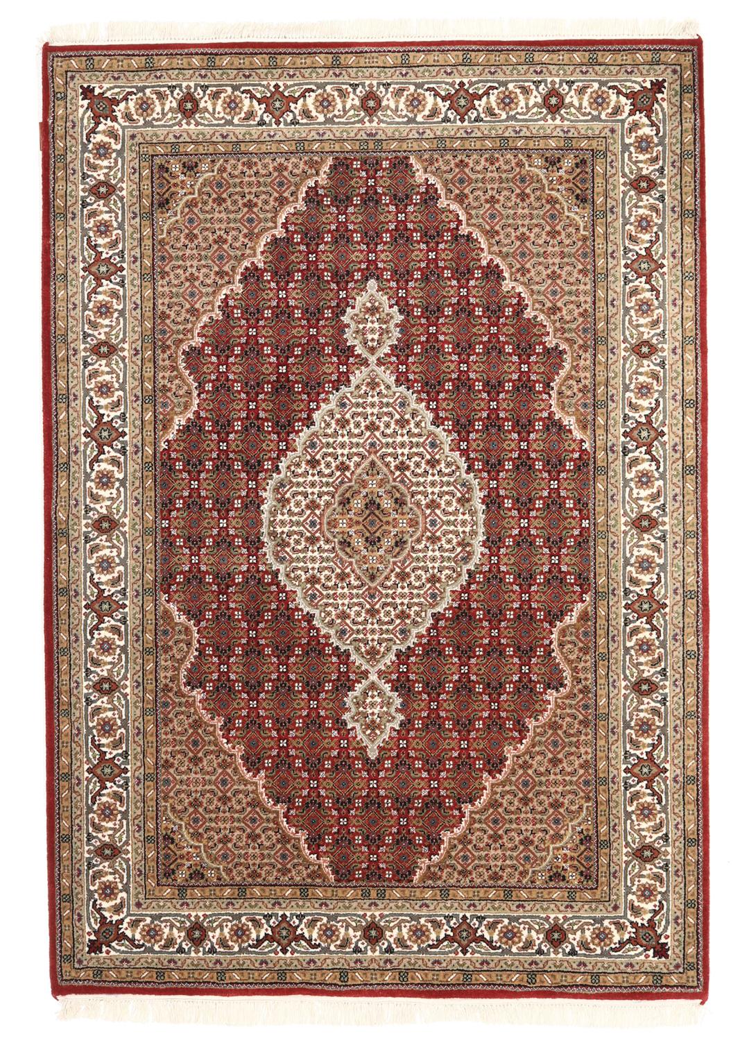 Tapis Tabriz noué à la main originaire d'Inde dans des tons rouges et beiges
