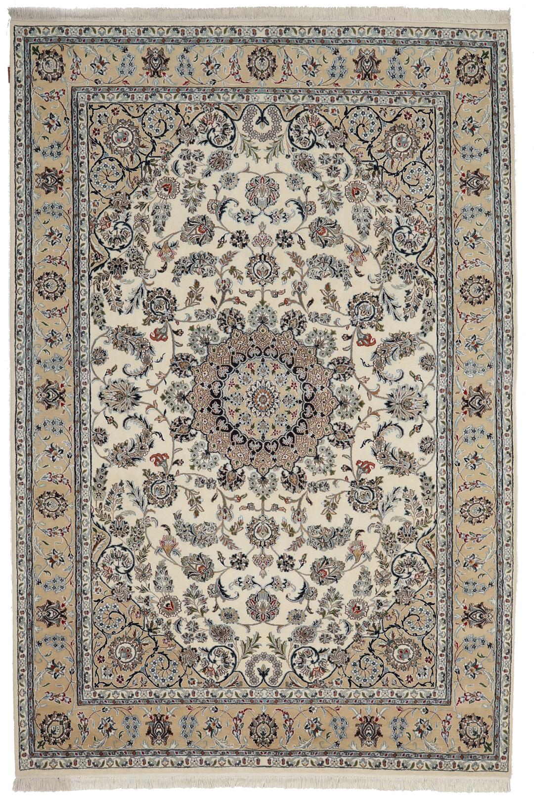 Håndknyttet Nain Indo-tæppe med blomstermedaljon-design i beige og blå fra Indien.