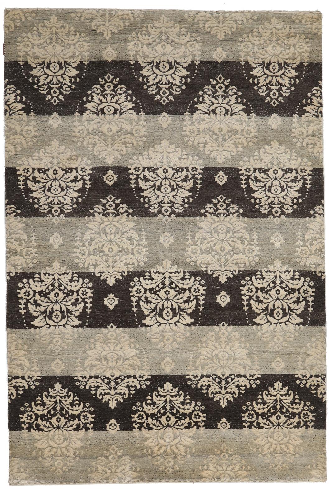 Handgeknoopt Gabbeh Loribaft-tapijt uit India in donkergrijze en beige tinten.