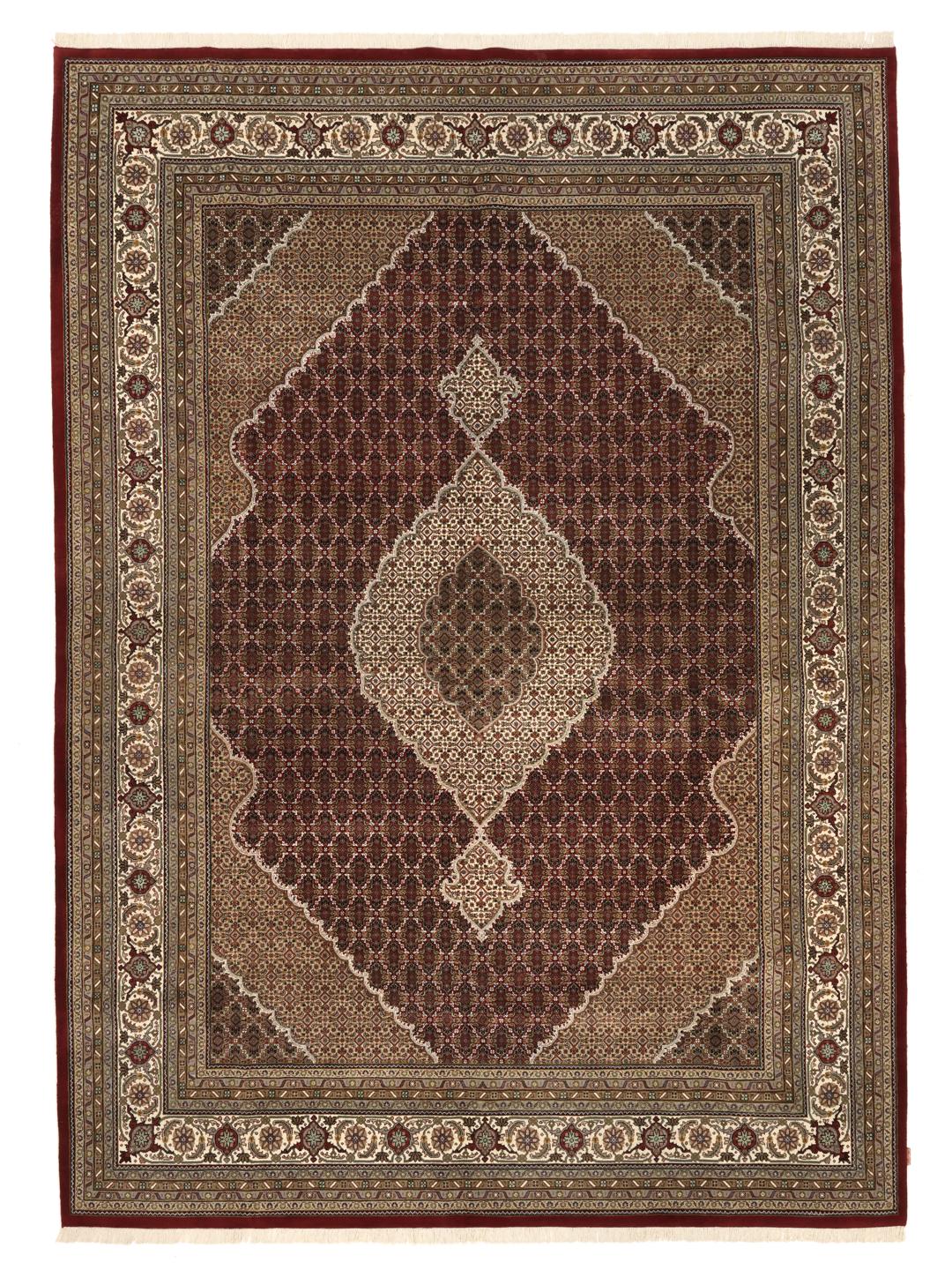 Tabriz Royal hand-knotted wool rug from India in deep red and beige tones