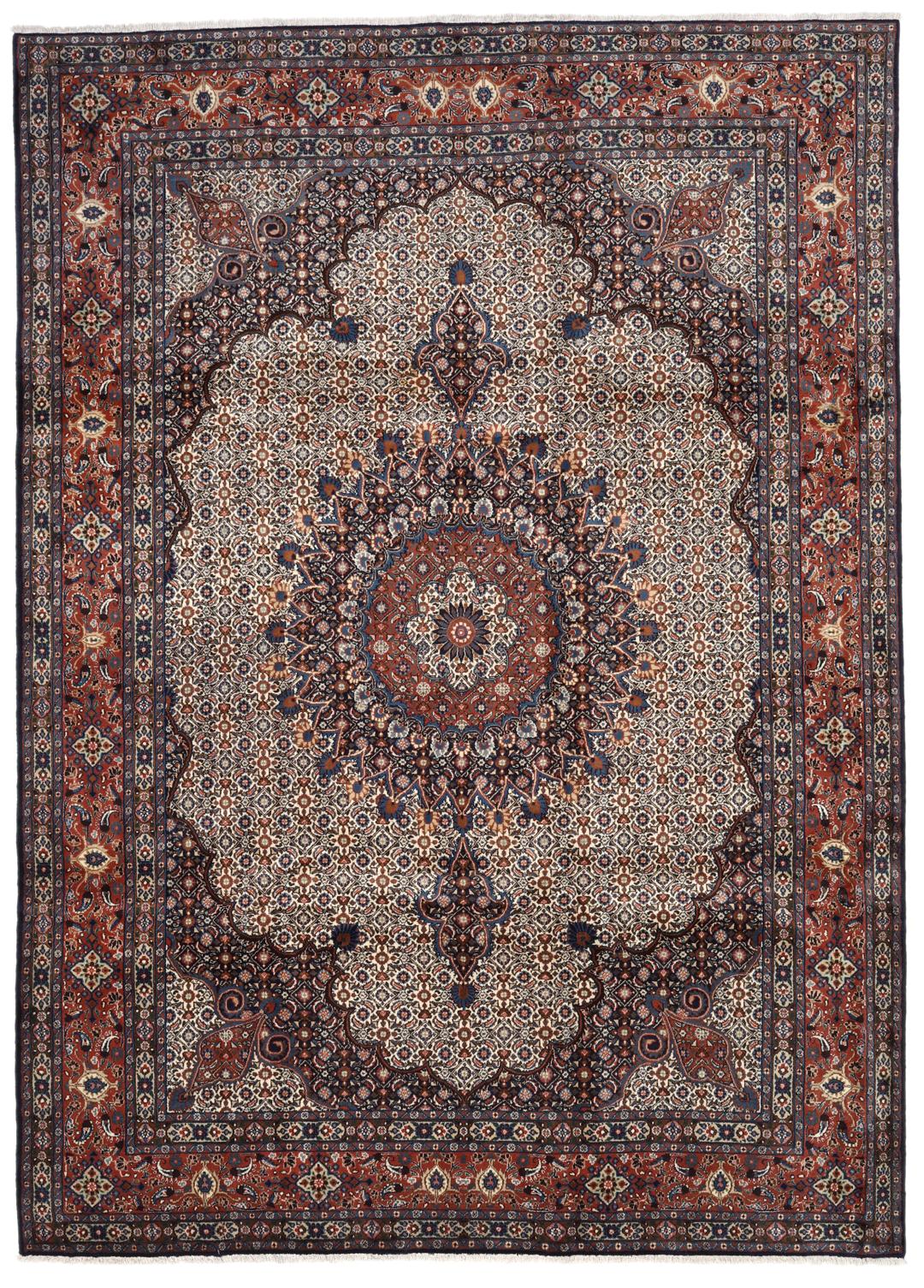 A large rectangular Moud rug from the Middle East featuring a dark-red and beige floral medallion design.