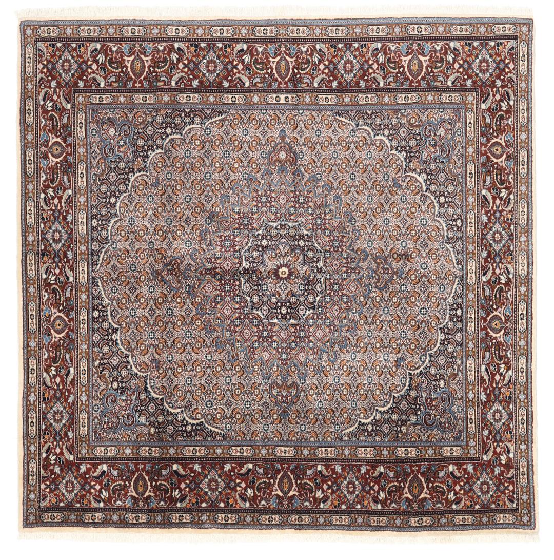 Hand-knotted Moud rug with a central medallion and ornate floral patterns in dark-red and blue