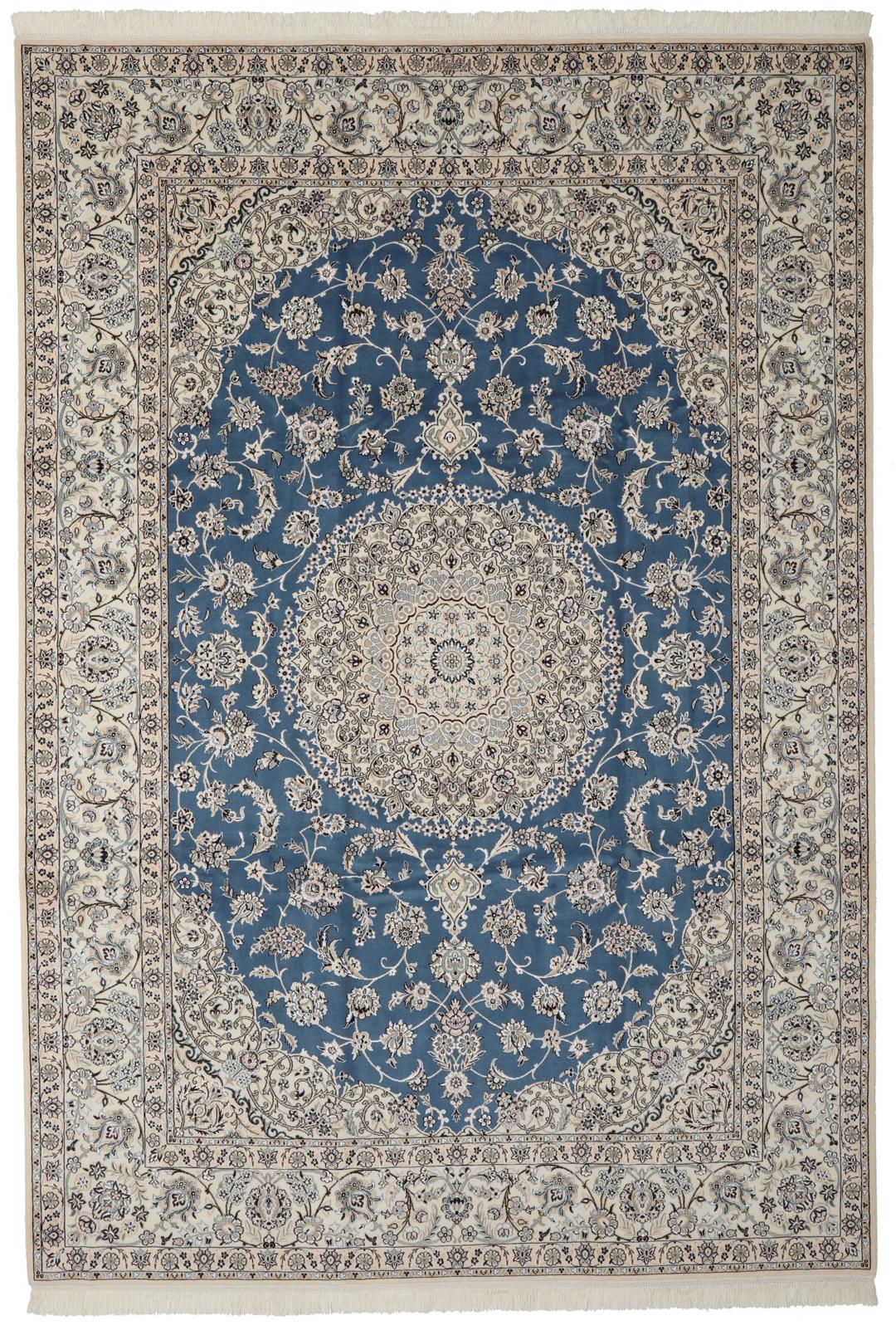 Hand-knotted Nain rug from the Middle East in blue and beige