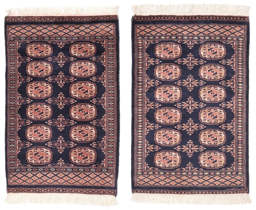 Handgeknoopt Pakistan Bokhara 2ply tapijt in donkerblauwe en rode tinten.