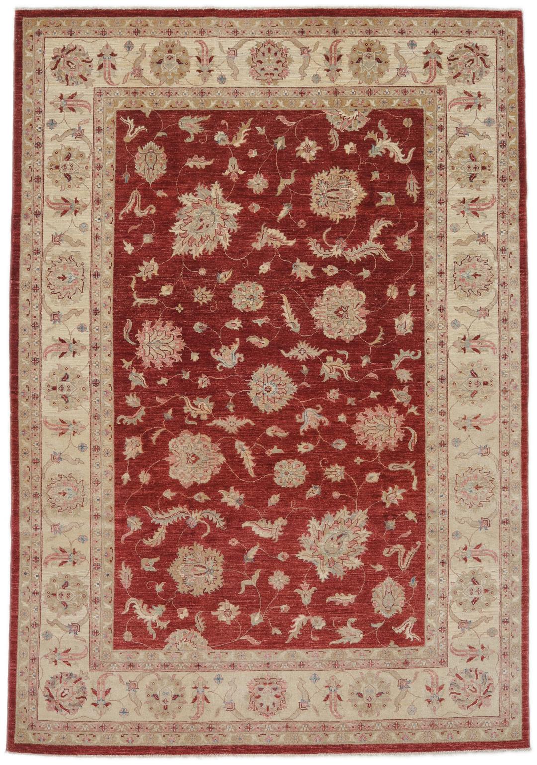 Hand-knotted Afghan rug with floral motifs in dark-red and beige