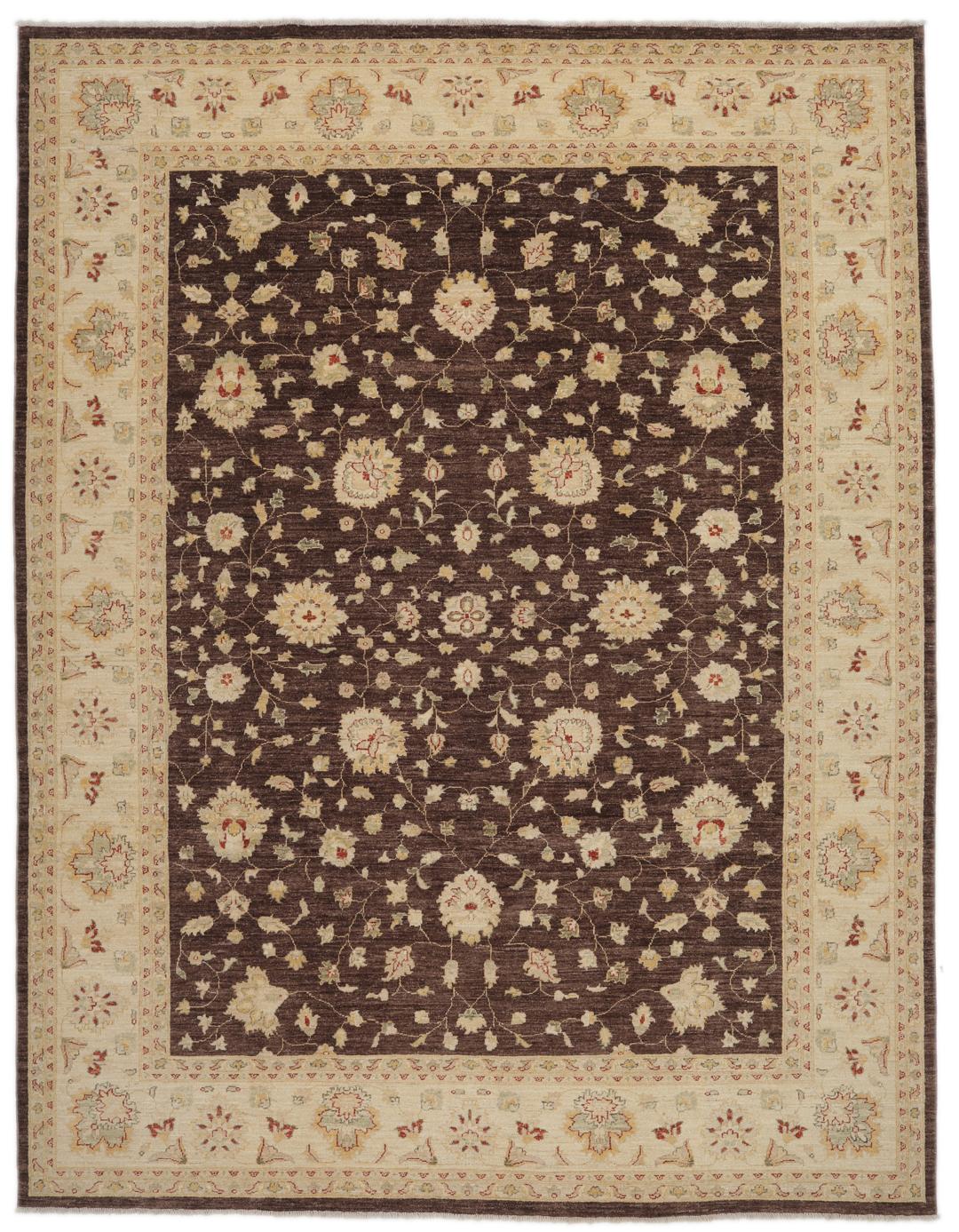 A hand-knotted Afghan rug with a dark brown field and ornate floral patterns.