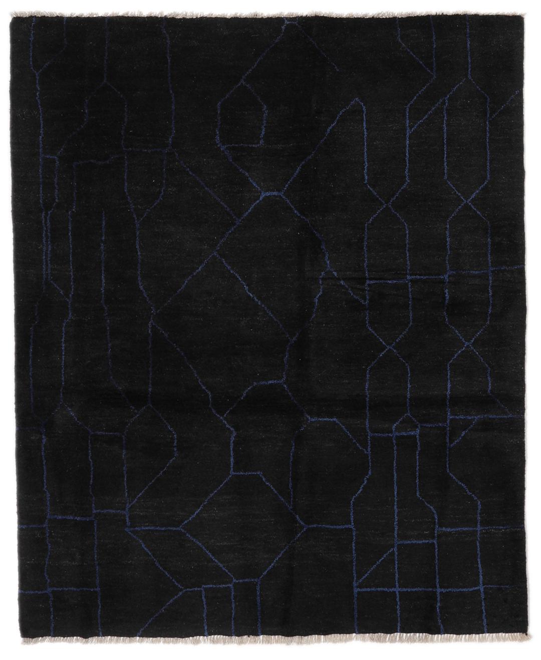 Handgeknoopt zwart Loribaft-tapijt uit het Midden-Oosten met geometrische blauwe lijnen