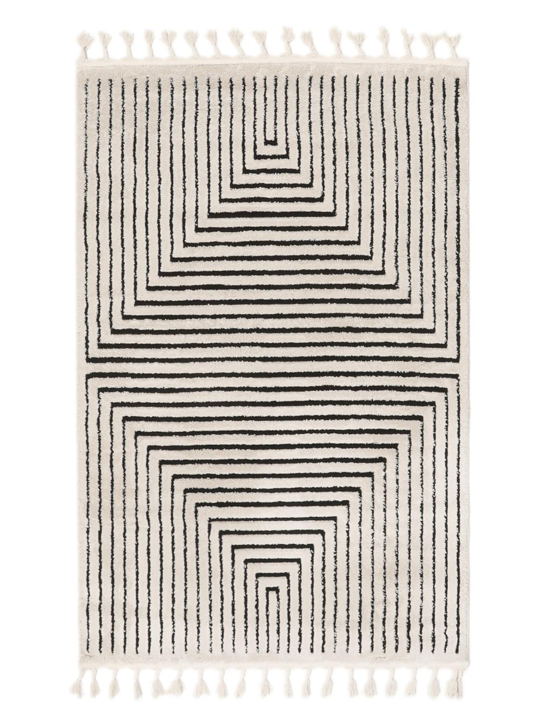 Crème wit vloerkleed met zwarte geometrische lijnen en franjes