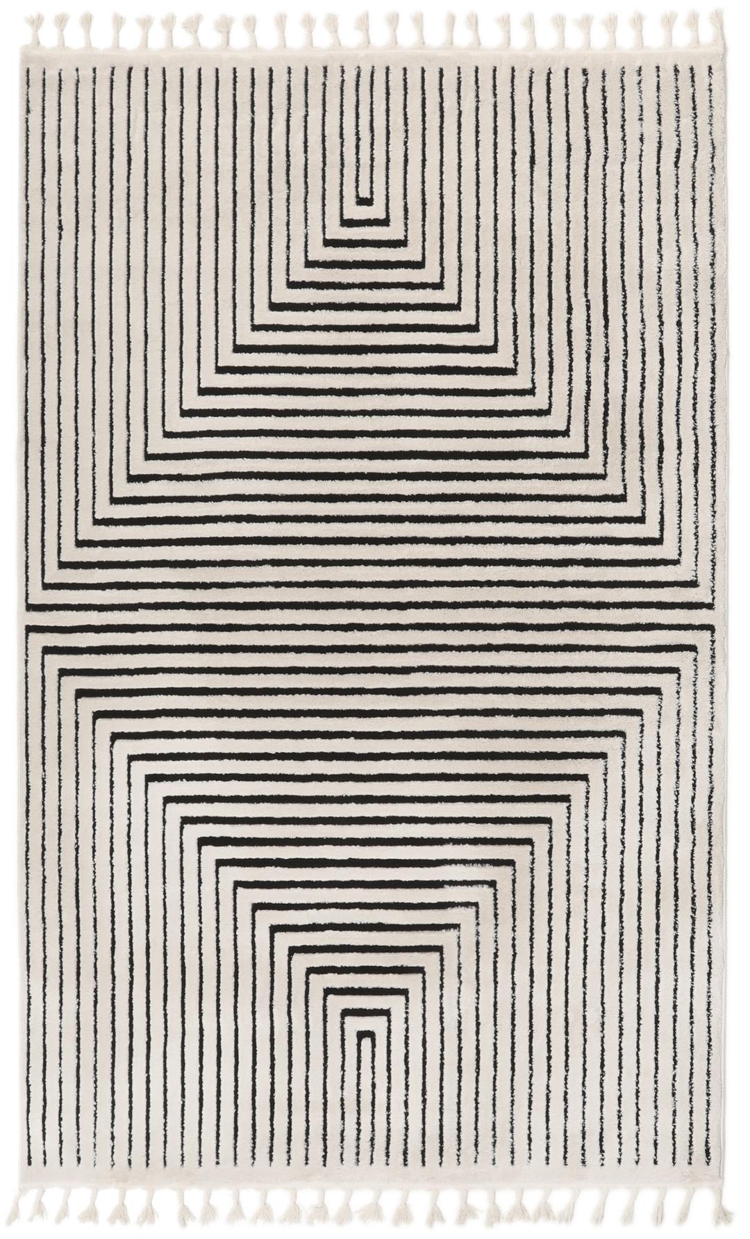Cream white rug with black geometric lines and fringe
