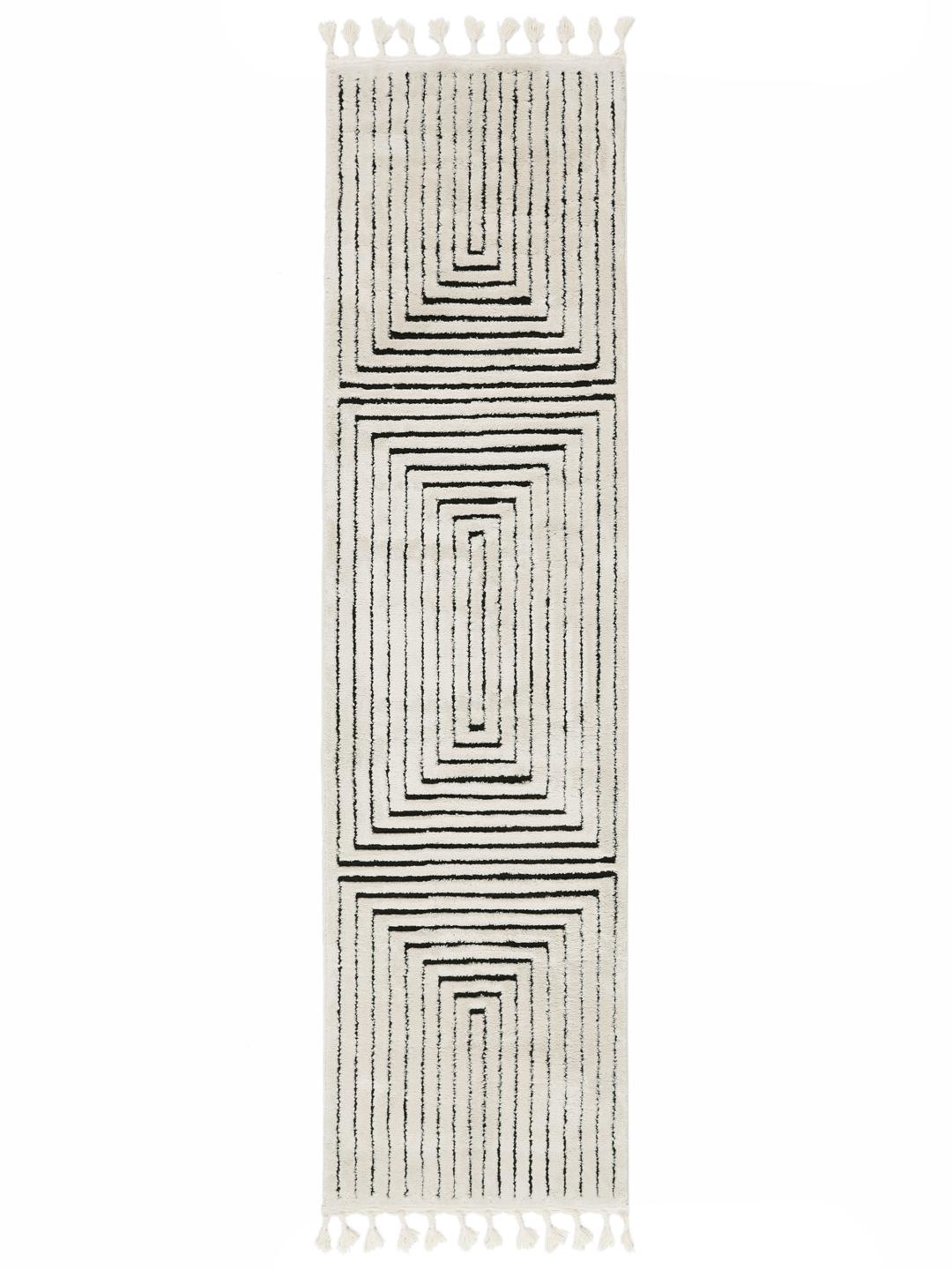 Crèmewit en zwart loper tapijt met geometrisch patroon