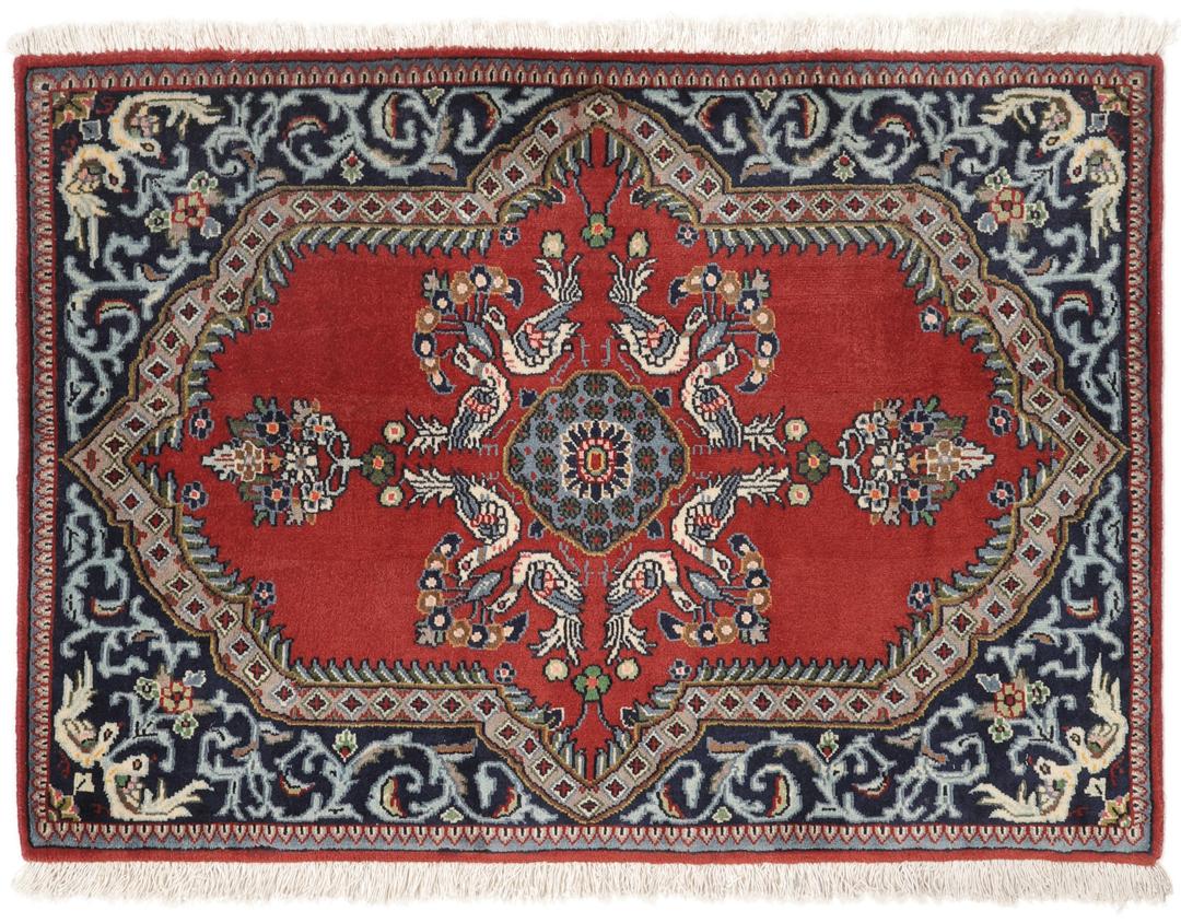 Tapis Mehraban du Moyen-Orient noué main en rouge et bleu avec des motifs d'oiseaux