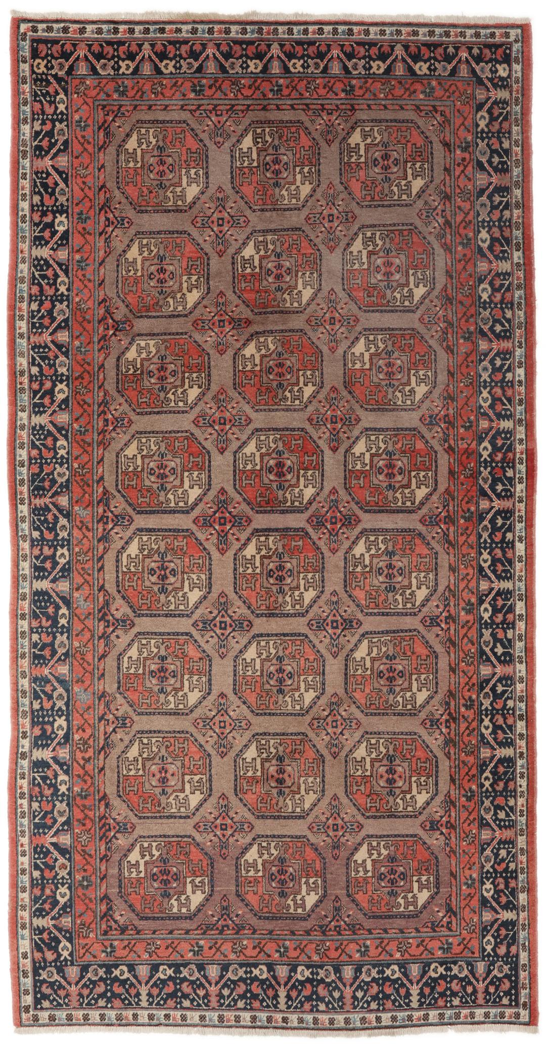 Tapis chinois Antique Khotan avec des motifs de médaillons géométriques marron et rouge foncé